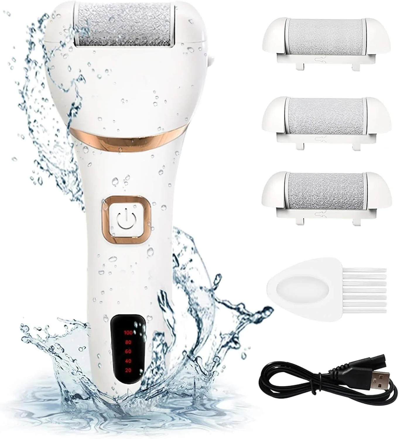 دستگاه الکتریکی از بین برنده پینه پا، دستگاه پدیکور الکترونیکی قابل شارژ با طراحی ضد آب IPX7 برای پوست های خشک و مرده به همراه 3 سری غلتکی و 2 سرعت (سفید)