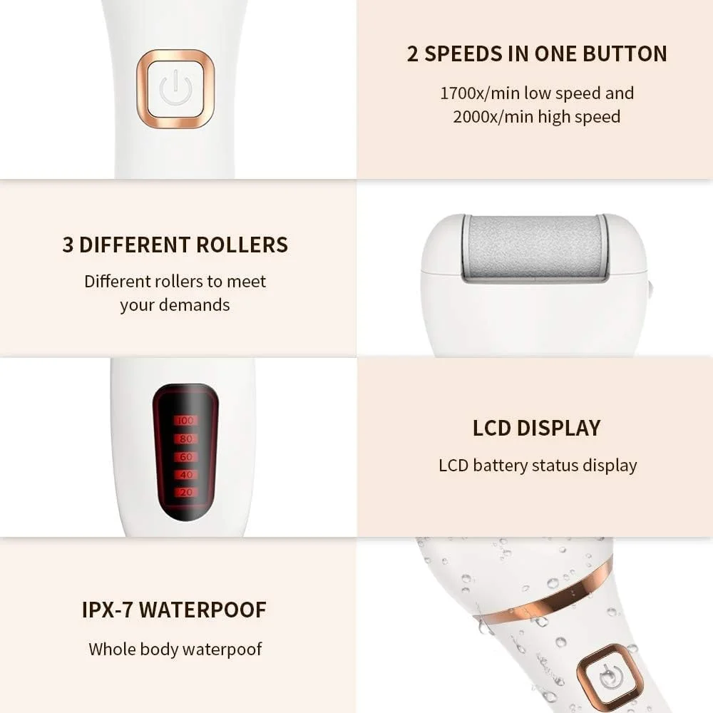 دستگاه الکتریکی از بین برنده پینه پا، دستگاه پدیکور الکترونیکی قابل شارژ با طراحی ضد آب IPX7 برای پوست های خشک و مرده به همراه 3 سری غلتکی و 2 سرعت (سفید) دستگاه الکتریکی از بین برنده پینه پا، دستگاه پدیکور الکترونیکی قابل شارژ با طراحی ضد آب IPX7 برای پوست های خشک و مرده به همراه 3 سری غلتکی و 2 سرعت (سفید)