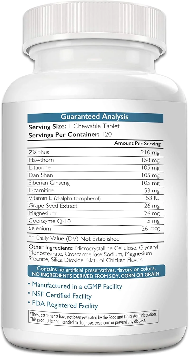 (1 بطری) مکمل قلب و عروق برای سگ ها به همراه آنتی اکسیدان و ویتامین E برای قلب سالم و قوی، 120 قرص جویدنی