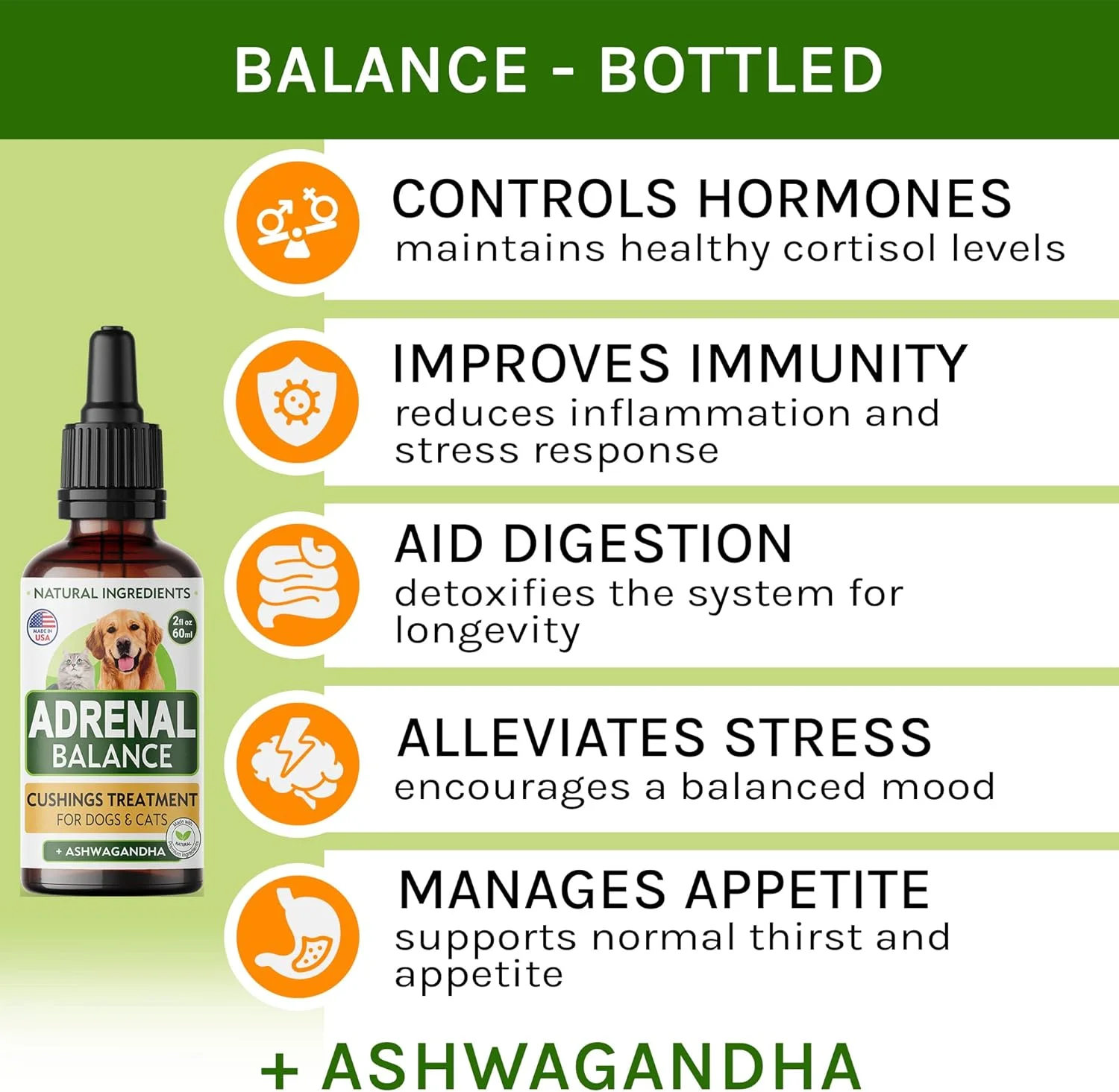 تعادل آدرنال برای سگ ها و گربه ها - پشتیبانی آدرنال با آشواگاندا، ریشه شیرین بیان، رودیولا رزا - 2oz قطره های گیاهی هارمونی