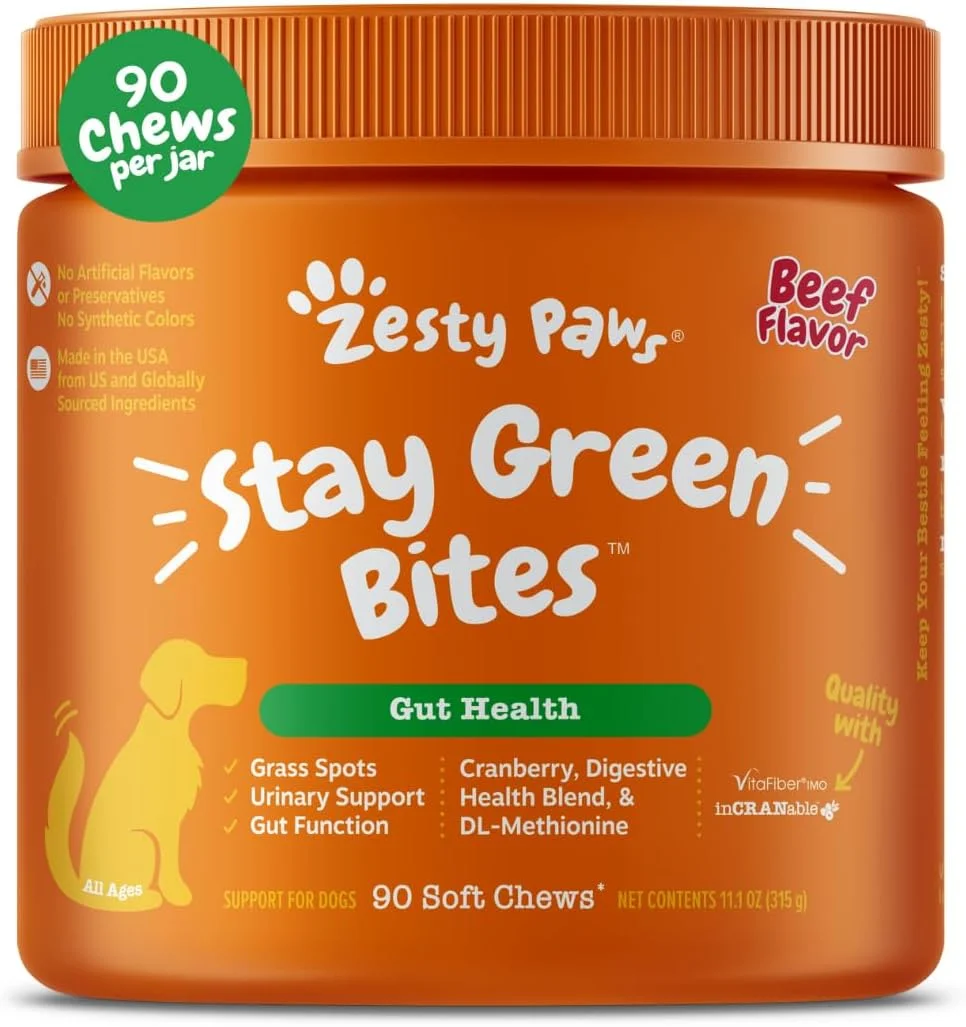 تشویقی نرم Zesty Paws Stay Green Bites برای سگ ها - تشویقی های جویدنی نرم برای لکه های ناشی از ادرار سگ - با کرن بری برای مجاری ادراری و مثانه - طعم گوشت گاو - 90 عدد