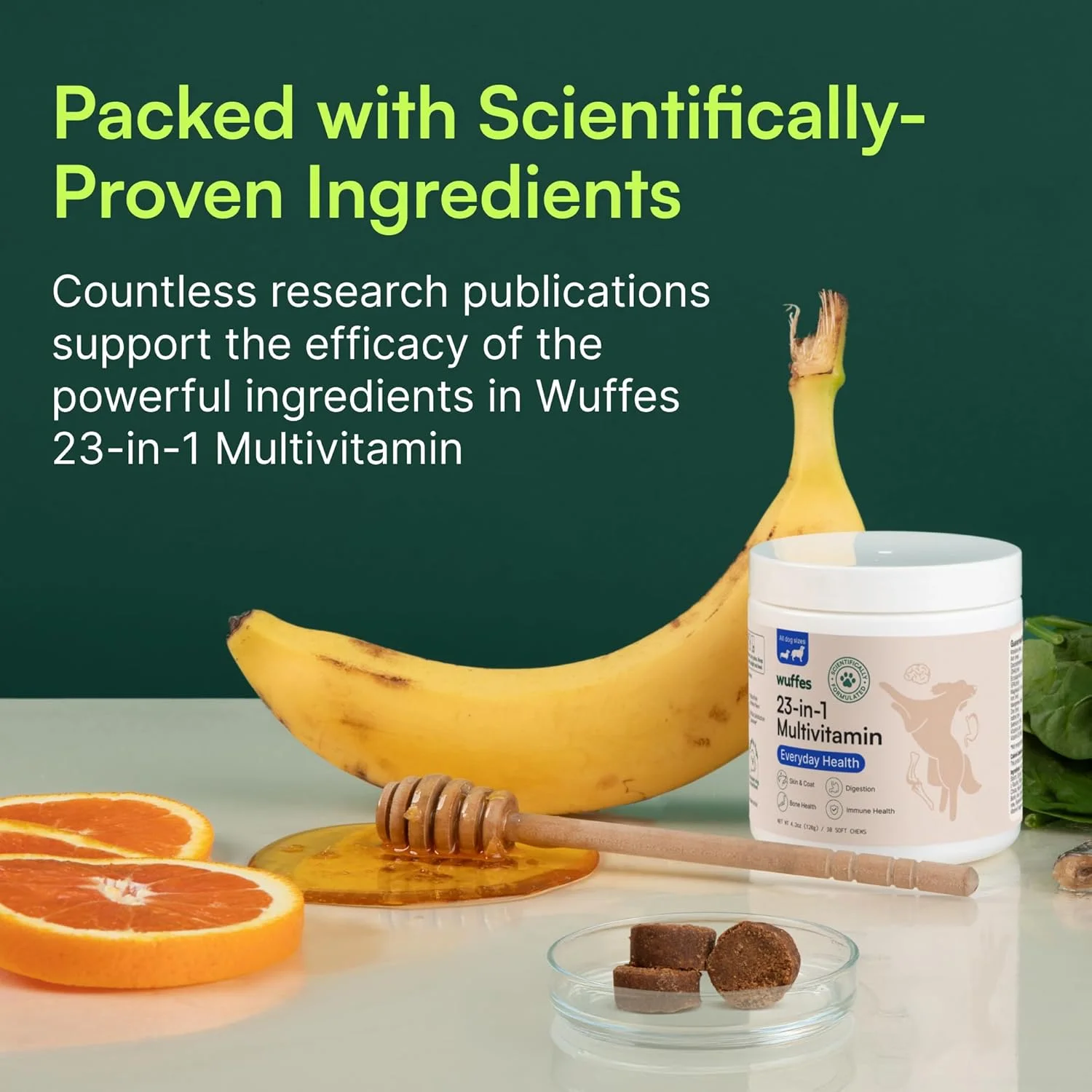 مولتی ویتامین سگ Wuffes 23-در-1 برای مفصل ران و مفاصل، پوست و پوشش و پشتیبانی از سیستم ایمنی با امگا 3، آهن، روی، ویتامین C - مواد معدنی و ویتامین ها برای سگ های مسن و توله سگ ها - 30 جویدنی نرم