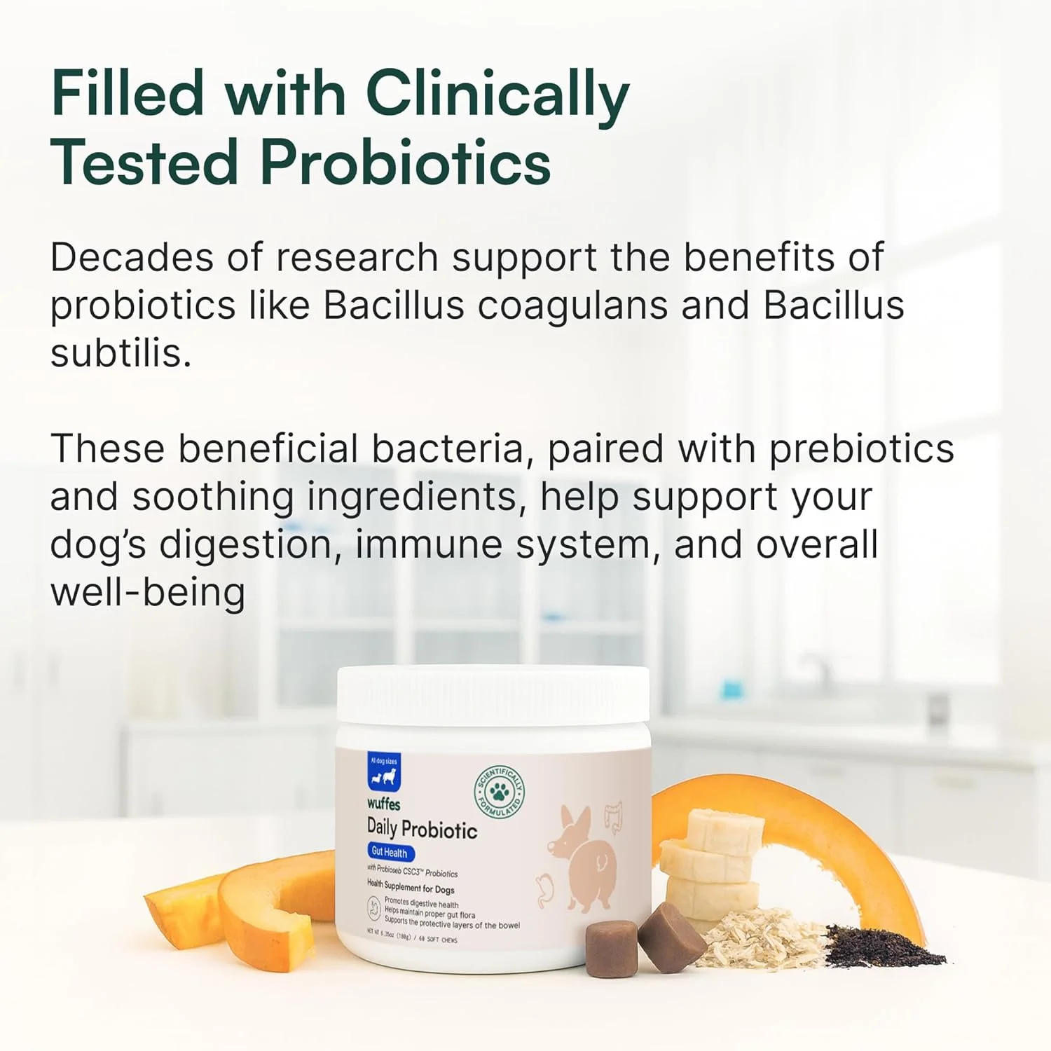 پرو بیوتیک روزانه سگ ها - پشتیبانی از سلامت دستگاه گوارش، تعادل روده و سیستم ایمنی - حاوی پری بیوتیک، ریشه گل ختمی و پودر کدو تنبل - 60 عدد جویدنی نرم