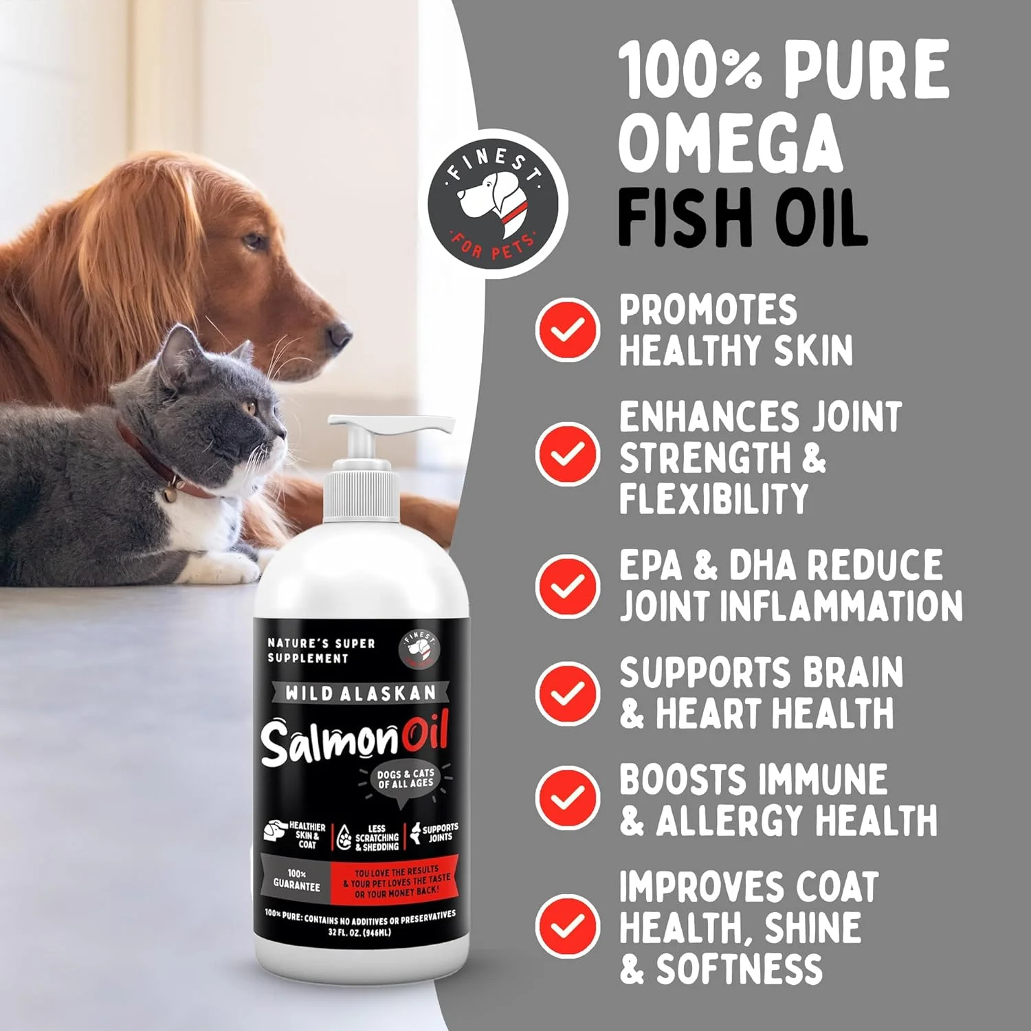 Wild Alaskan Salmon Oil for Dogs & Cats - Omega 3 Skin & Coat Fish Oil Supplement, Supports Itching, Joint Pain, Dry Skin, Immune & Heart Health (16 oz)