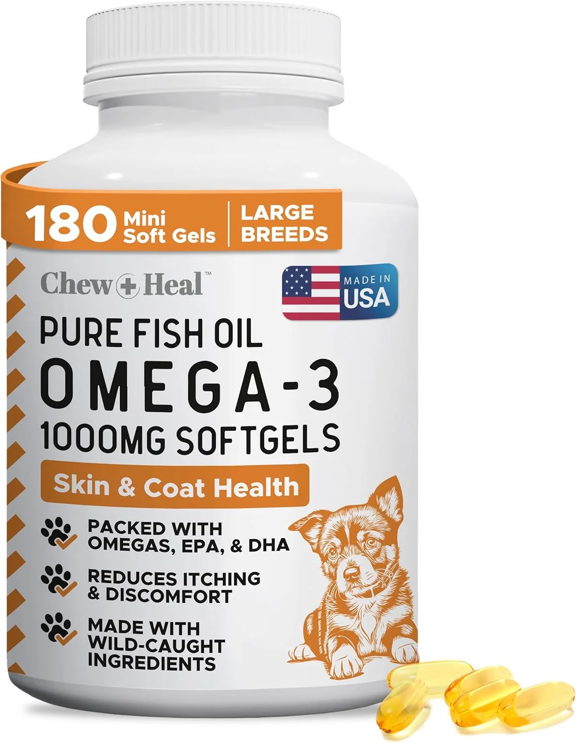 روغن ماهی امگا 3 برای سگ ها - 180 کپسول نرم برای پوست و موی سالم - قرص های روغن ماهی بزرگ 1000 میلی گرمی برای ریزش مو، خارش پوست خشک و نقاط داغ - مکمل امگا سالمون حیوانات خانگی