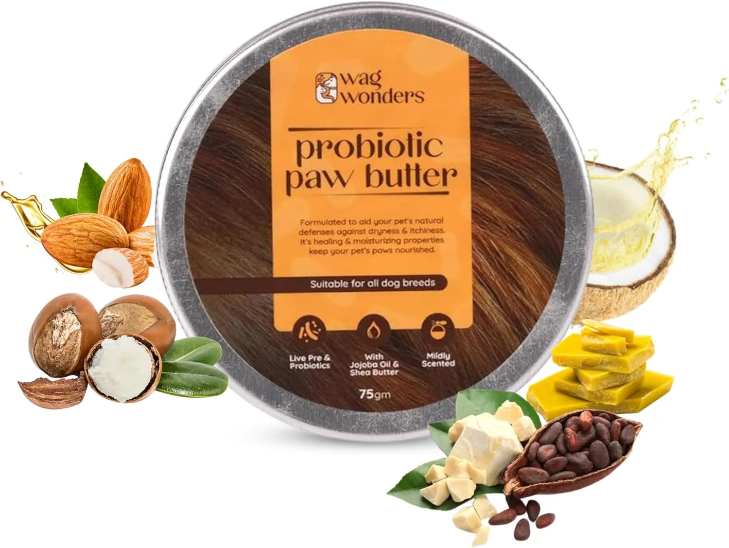 کره پنجه پروبیوتیک 75 گرمی برای سگ ها با روغن جوجوبا، شی باتر و موم زنبور عسل | کمک به بهبود، ترمیم و مرطوب کردن پنجه های ترک خورده