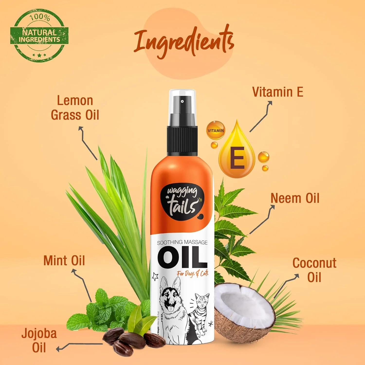 روغن تسکین دهنده 6 در 1 Wagging Tails - 200 میلی لیتر برای سگ ها و گربه ها | روغن نارگیل برای پوست و مو | کمک به آبرسانی و مرطوب کردن مو | بهبود درخشندگی و نرمی مو