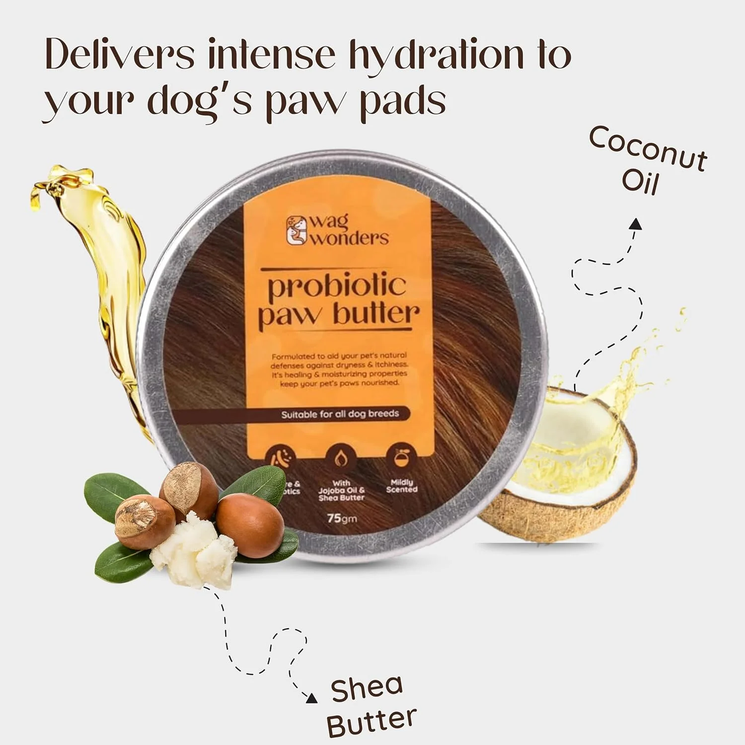 کره پنجه پروبیوتیک 75 گرمی برای سگ ها با روغن جوجوبا، شی باتر و موم زنبور عسل | کمک به بهبود، ترمیم و مرطوب کردن پنجه های ترک خورده