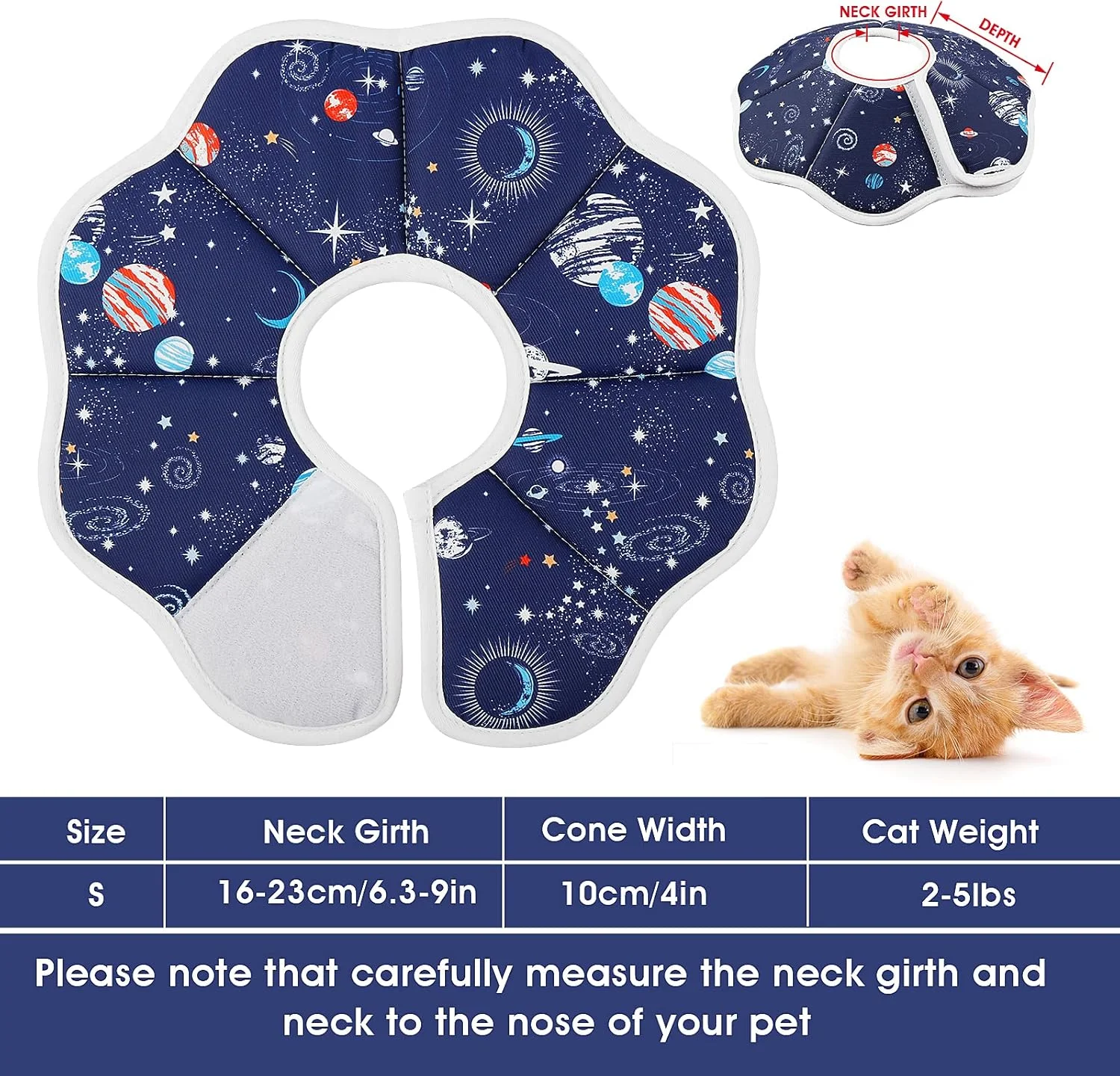 طوق گردنی کوچک گربه TIESOME، طوق گردنی قابل تنظیم برای بهبودی بچه گربه پس از جراحی، طوق محافظ گربه، قطر گردن 16-23 سانتی متر (سایز S، طرح سیاره)