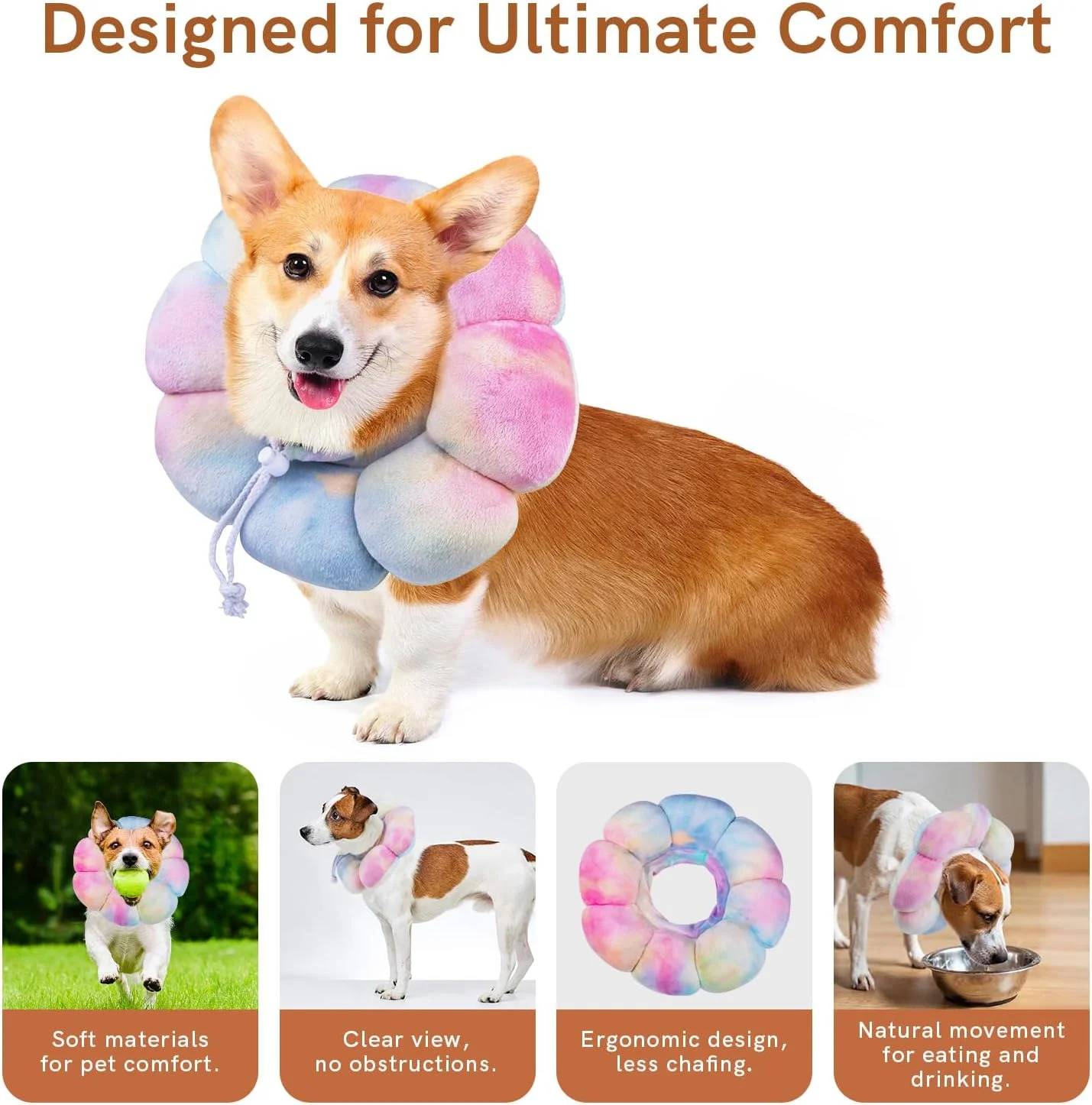 طوق گردنی سگ نرم، طرح گل زیبا و قابل تنظیم برای آرام کردن سگ و گربه بعد از جراحی، طوق ریکاوری حیوانات خانگی و جلوگیری از لیسیدن