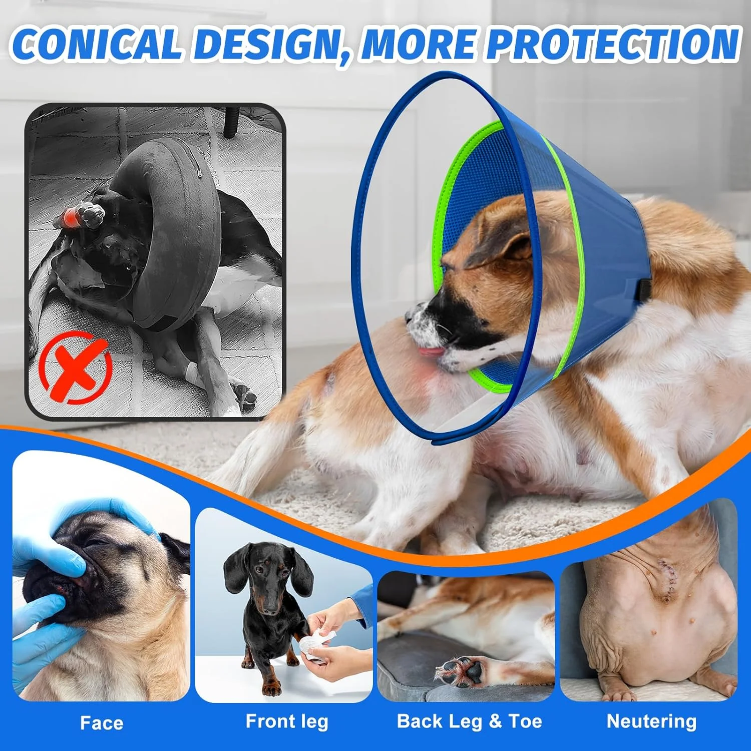 طوق گردنی سگ با پد نرم، طوق الیزابت شفاف برای جلوگیری از لیسیدن زخم بعد از جراحی، عقیم سازی و آسیب دیدگی (آبی-M)