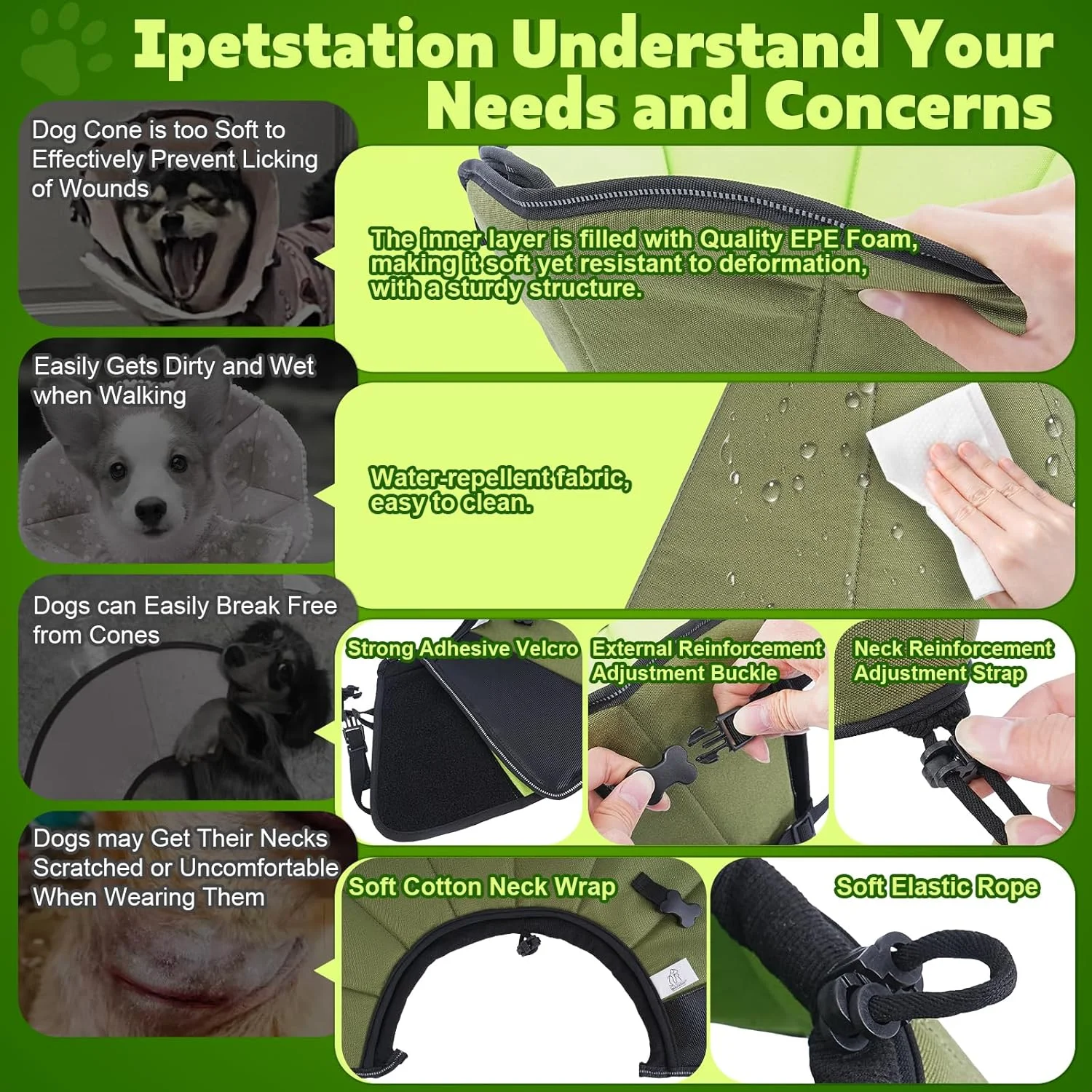 مخروطی نرم سگ بعد از جراحی: قلاده مخروطی راحت برای جلوگیری از لیسیدن و گاز گرفتن - قلاده الیزابتی قابل تنظیم برای سگ ها مناسب برای سگ های کوچک، متوسط و بزرگ (سبز، M)