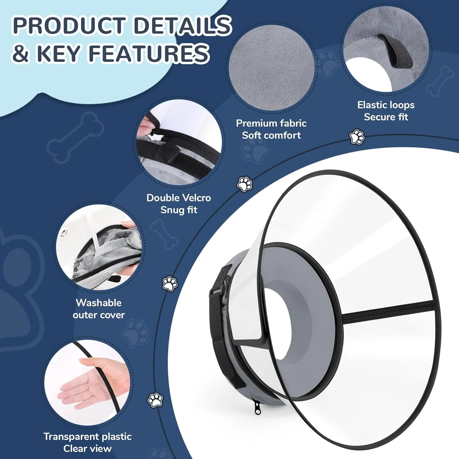 قلاده نرم سگ با هسته فومی، جایگزین قلاده بادی سگ، قلاده شفاف برای سگ ها، قلاده محافظ بعد از عمل جراحی سگ (خاکستری، سایز 8)
