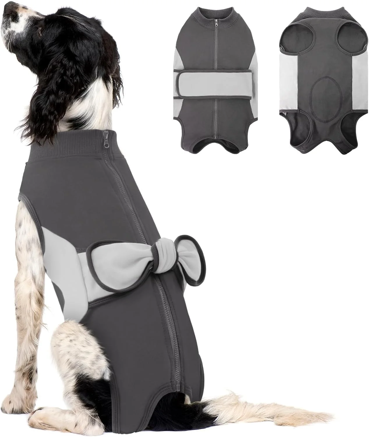 لباس نقاهت زیپ‌دار سگ ساومونگ، لباس جراحی سگ نخی و تنفسی مناسب حیوانات خانگی نر و ماده، لباس یکسره نخی برای جلوگیری از لیسیدن زخم، جایگزین قلاده و مخروطی گردن گربه (خاکستری، متوسط)