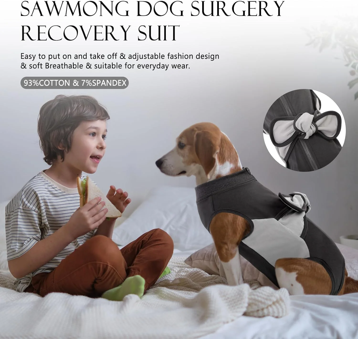 لباس نقاهت زیپ‌دار سگ ساومونگ، لباس جراحی سگ نخی و تنفسی مناسب حیوانات خانگی نر و ماده، لباس یکسره نخی برای جلوگیری از لیسیدن زخم، جایگزین قلاده و مخروطی گردن گربه (خاکستری، متوسط)