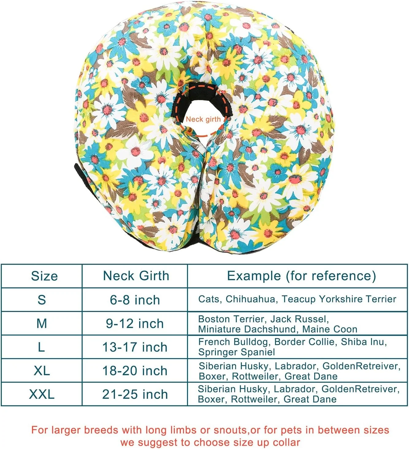 طوق محافظ بادی برای سگ ها و گربه ها - طوق نرم التیام حیوانات خانگی که مانع دید نمی شود، از تماس حیوانات خانگی با بخیه ها، زخم ها و بثورات جلوگیری می کند (طرح گل - سایز 2، دور گردن 33 تا 43 سانتی متر)