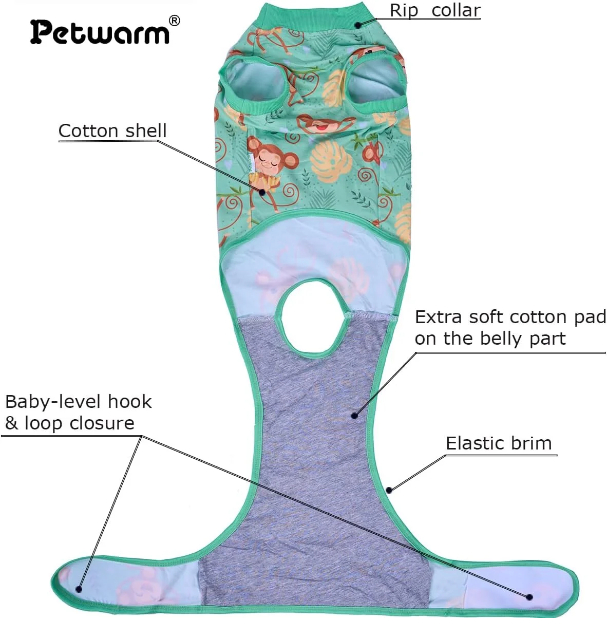 لباس نقاهت جراحی سگ PetWarm، لباس نقاهت برای سگ ها بعد از جراحی، جایگزین قلاده ها و مخروط های نقاهت سگ، بانداژ زخم های شکمی سگ، لباس نقاهت جراحی حیوانات خانگی، طرح میمون، سبز، XS