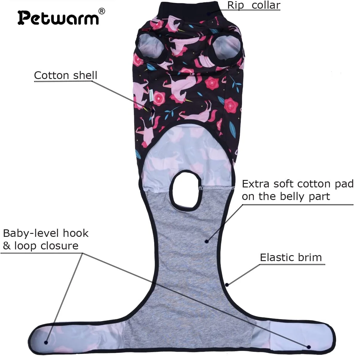 لباس نقاهت سگ PetWarm، لباس نقاهت برای سگ ها، بعد از عمل، جلوگیری از لیسیدن - محافظ شکم پنبه ای سگ - جایگزین مخروط سگ و E-Collar، طرح یونیکورن، مشکی، XS