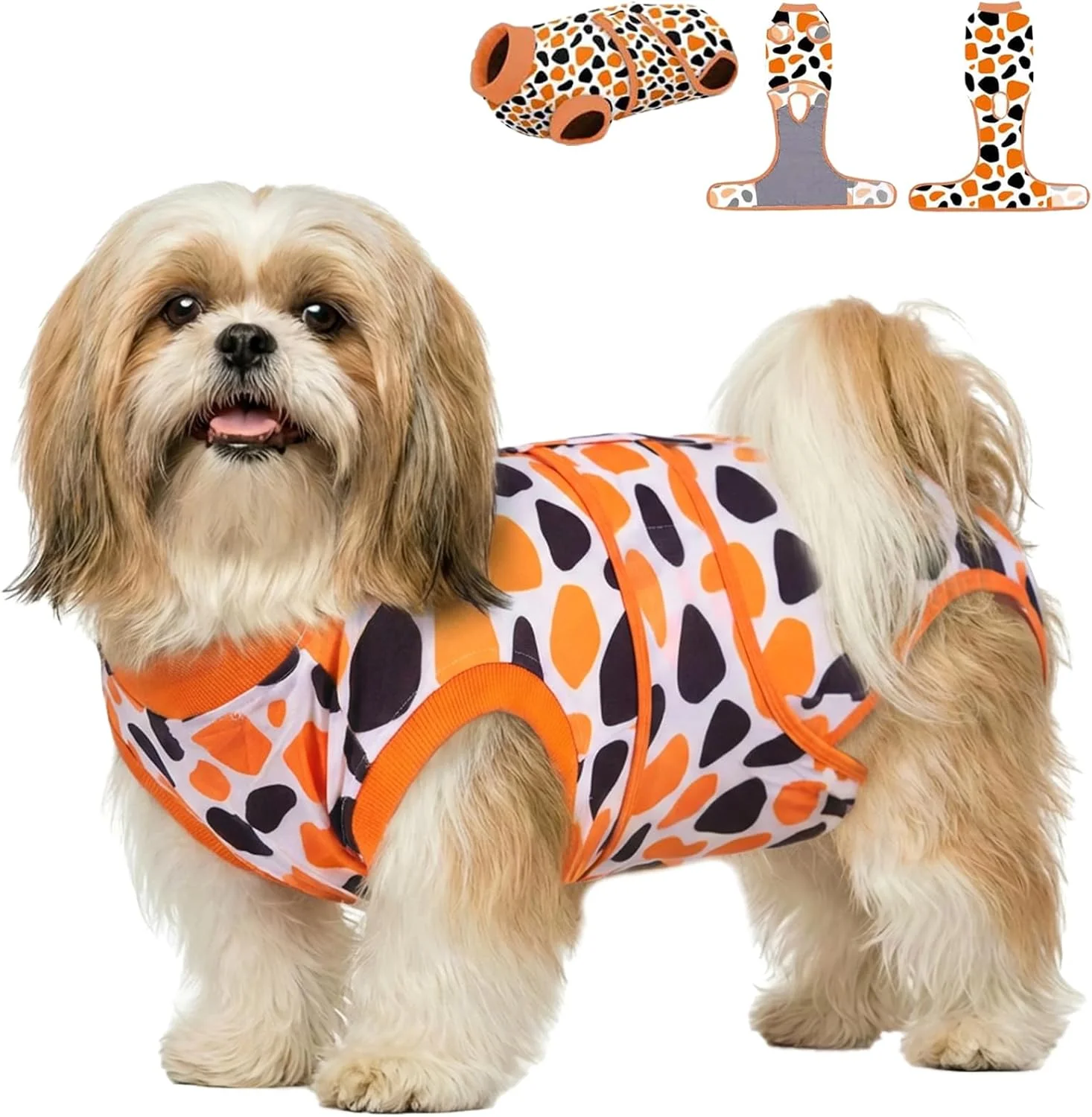 لباس ریکاوری سگ PetWarm، لباس ریکاوری برای سگ های نر و ماده، لباس یکسره سگ بعد از جراحی عقیم سازی، پیراهن ریکاوری حرفه ای حیوانات خانگی، بانداژ زخم های شکمی سگ، طرح پلنگی، نارنجی، XS