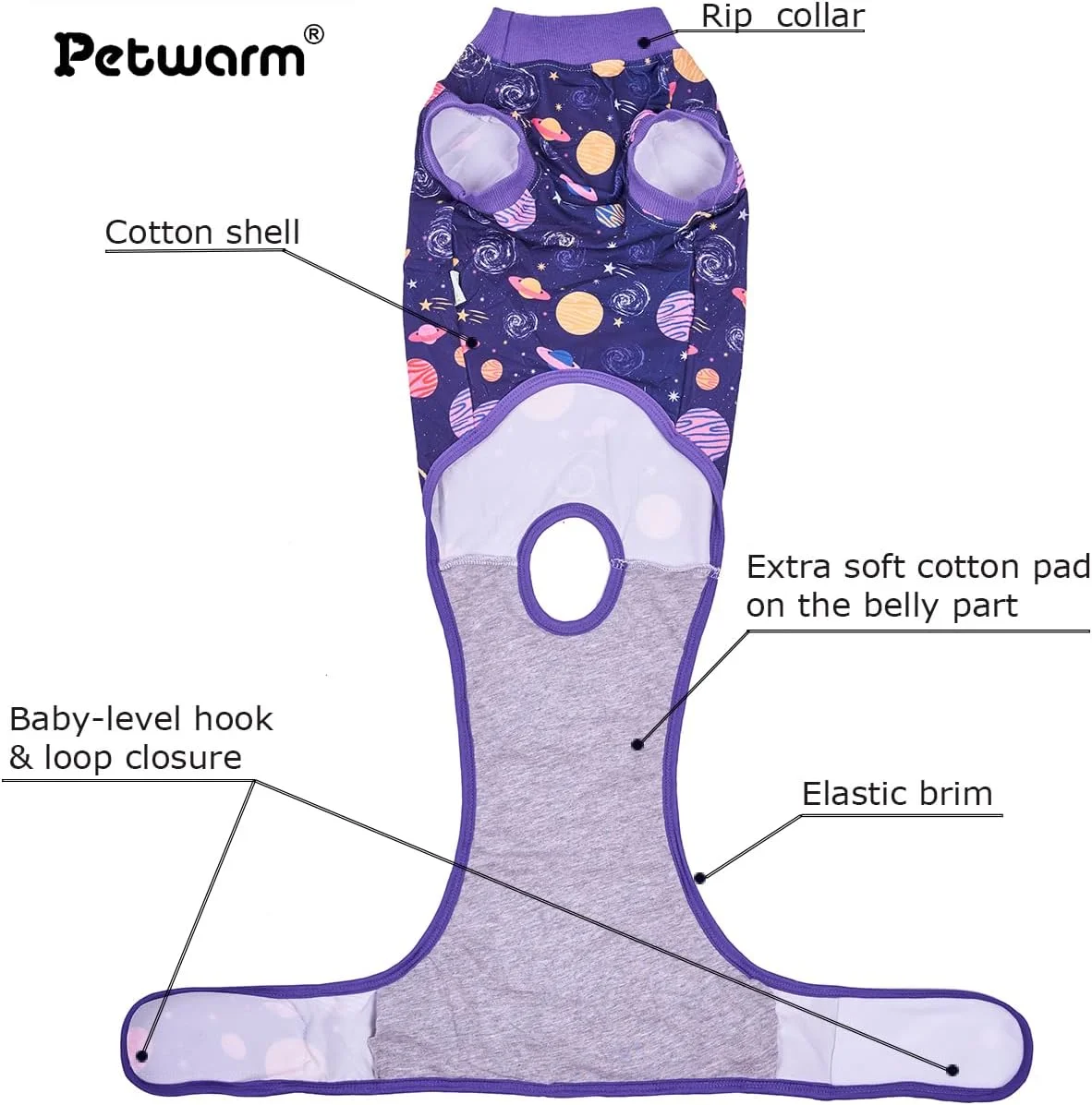 لباس جراحی سگ PetWarm، جایگزین قیف ننگ، لباس بدن برای زخم های شکمی بیماری پوستی ضد لیسیدن لباس بدن نرم سگ برای سگ های کوچک متوسط بزرگ، طرح کهکشان، بنفش، XS