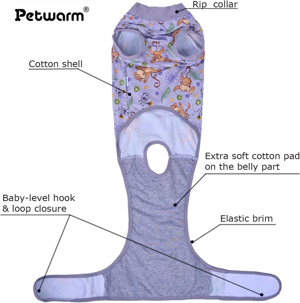 لباس نقاهت جراحی سگ PetWarm، مناسب سگ های ماده، جایگزین قیف زخم شکمی، طرح میمون، خاکستری، سایز S لباس نقاهت جراحی سگ PetWarm، مناسب سگ های ماده، جایگزین قیف زخم شکمی، طرح میمون، خاکستری، سایز S