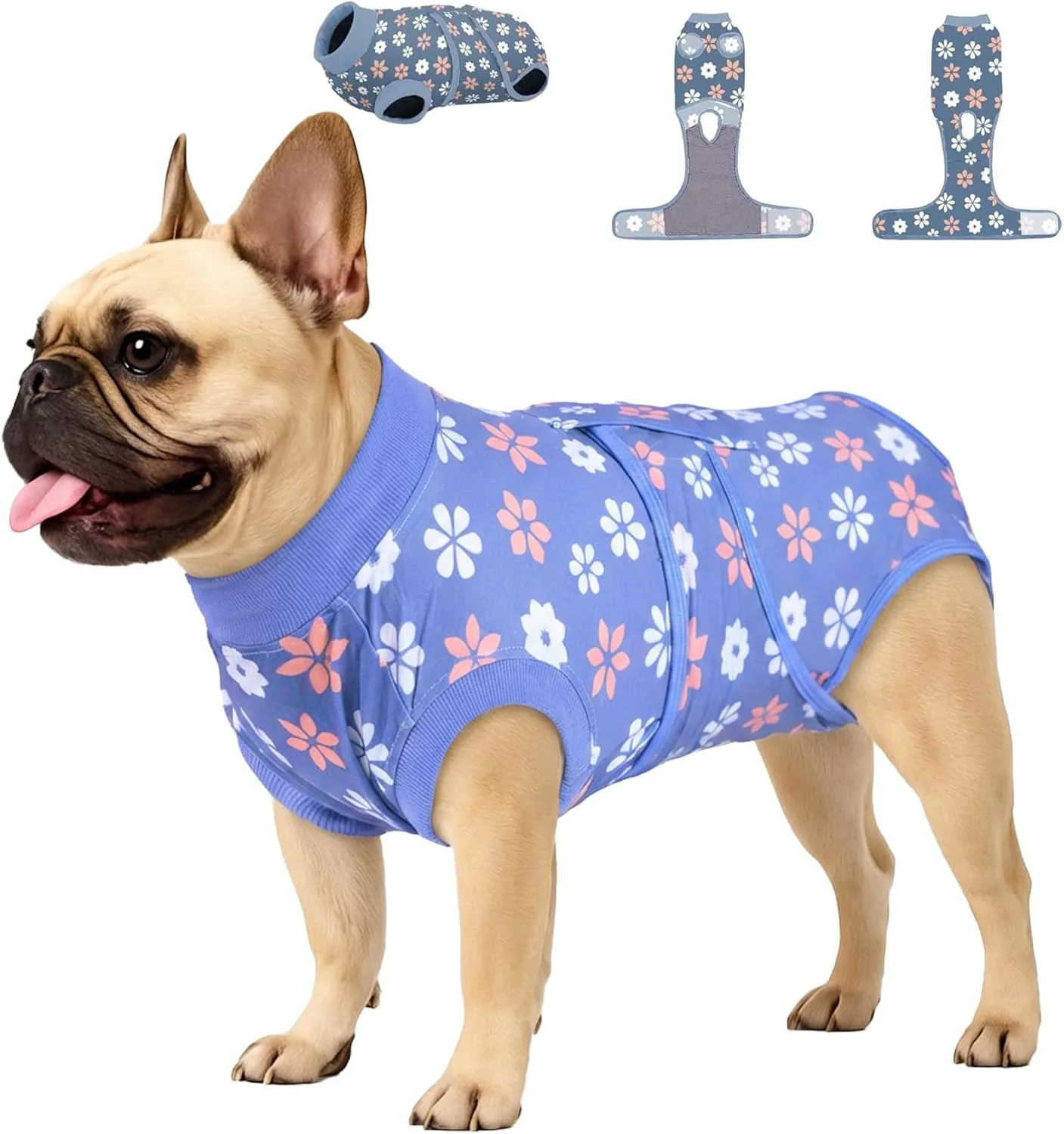 لباس نقاهت جراحی سگ PetWarm، لباس مخصوص برای زخم های شکمی و بیماری های پوستی، پیراهن نقاهت حرفه ای حیوانات خانگی، جایگزین بانداژ زخم های شکمی سگ، یقه الیزابت و مخروطی، طرح گل، آبی، XS