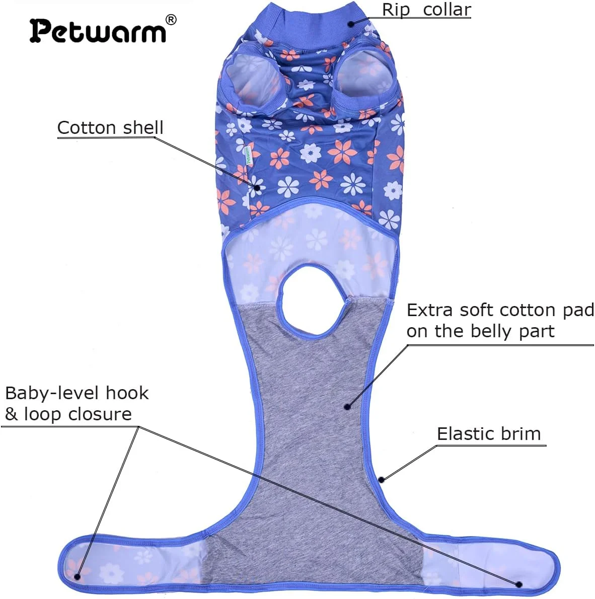 لباس نقاهت جراحی سگ PetWarm، لباس مخصوص برای زخم های شکمی و بیماری های پوستی، پیراهن نقاهت حرفه ای حیوانات خانگی، جایگزین بانداژ زخم های شکمی سگ، یقه الیزابت و مخروطی، طرح گل، آبی، XS