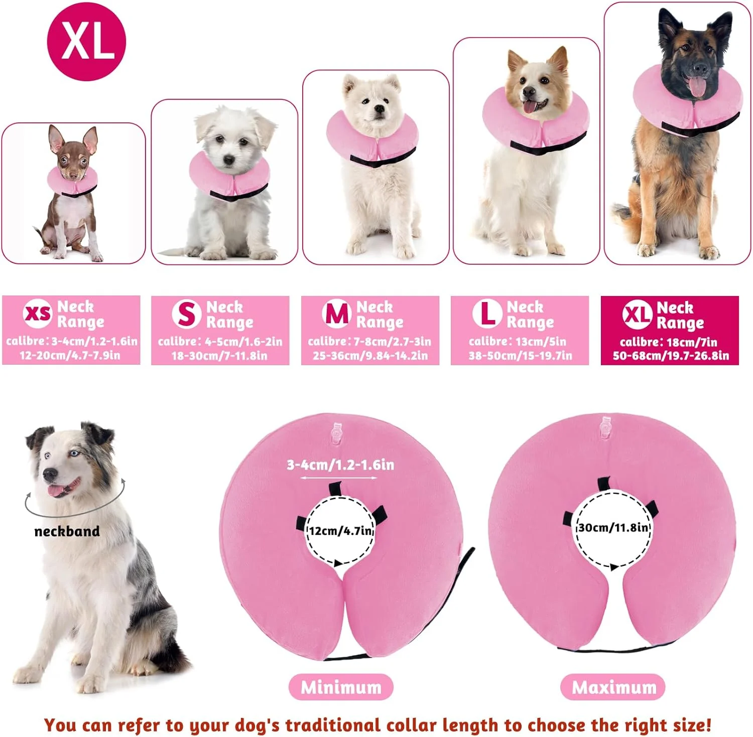 طوق بادی سگ و گربه با بست ولکرو قابل تنظیم، طوق سگ برای جراحی یا بهبود زخم، ضد گاز گرفتن، ضد لیسیدن (صورتی، XL)