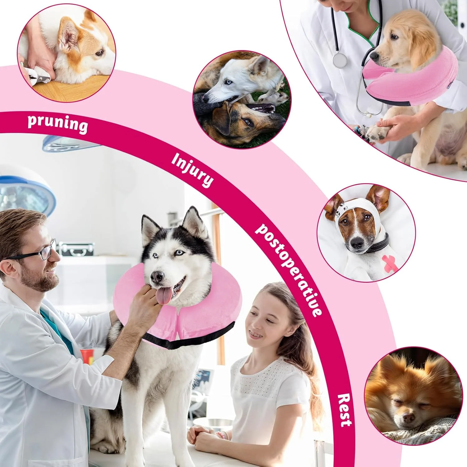 طوق بادی سگ و گربه با بست ولکرو قابل تنظیم، طوق سگ برای جراحی یا بهبود زخم، ضد گاز گرفتن، ضد لیسیدن (صورتی، XL)