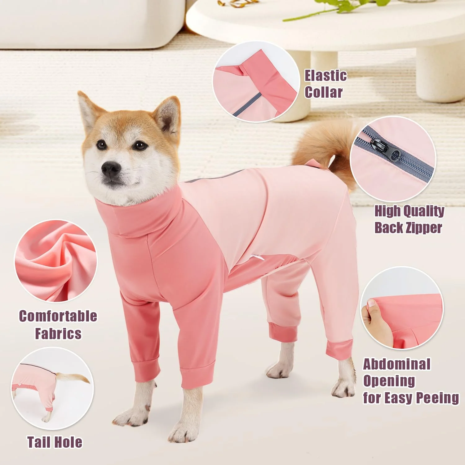 لباس ریکاوری سگ، لباس یکسره سگ برای سگ های ماده و نر، جایگزین قلاده الیزابت، لباس خواب ضد ریزش مو، آستین بلند، لباس آرامش بخش، صورتی سایز S