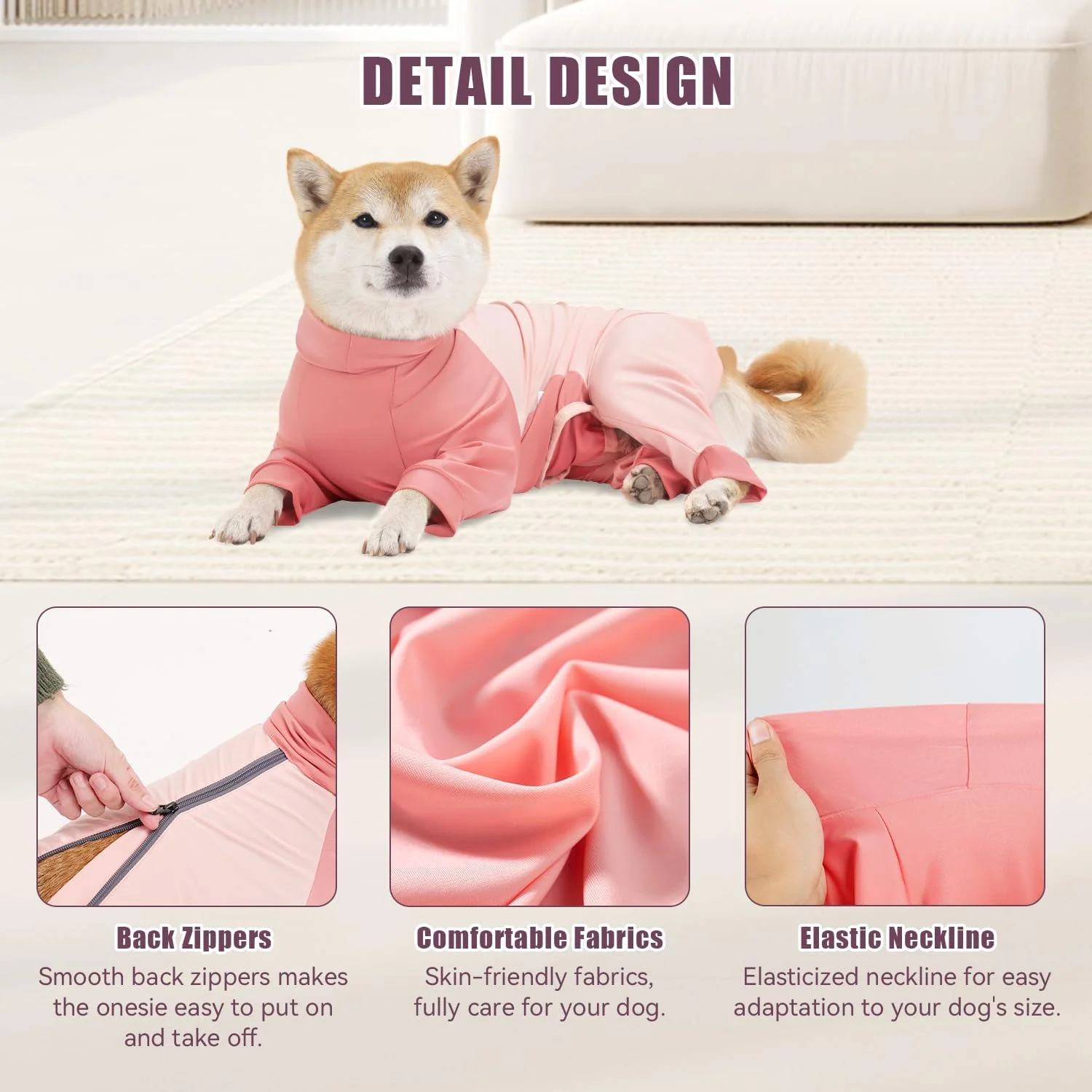 لباس ریکاوری سگ، لباس یکسره سگ برای سگ های ماده و نر، جایگزین قلاده الیزابت، لباس خواب ضد ریزش مو، آستین بلند، لباس آرامش بخش، صورتی سایز S