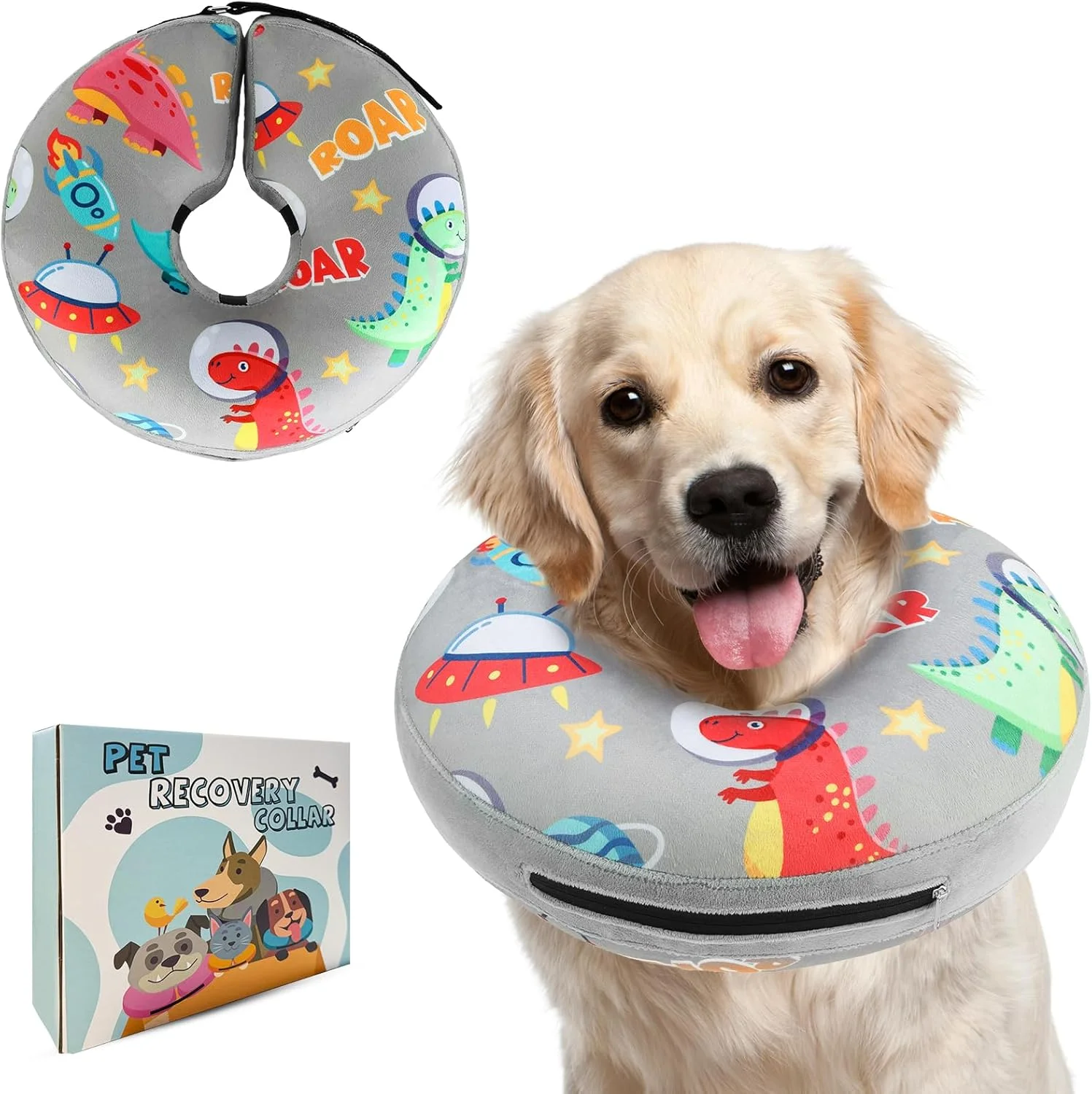 طوق گردنی بادی سگ پاچی، جایگزین طوق الیزابت، طوق نرم برای سگ های متوسط تا بزرگ بعد از جراحی، طوق گردنی قابل تنظیم طرح دونات با طرح های بامزه دایناسور، خاکستری سایز L