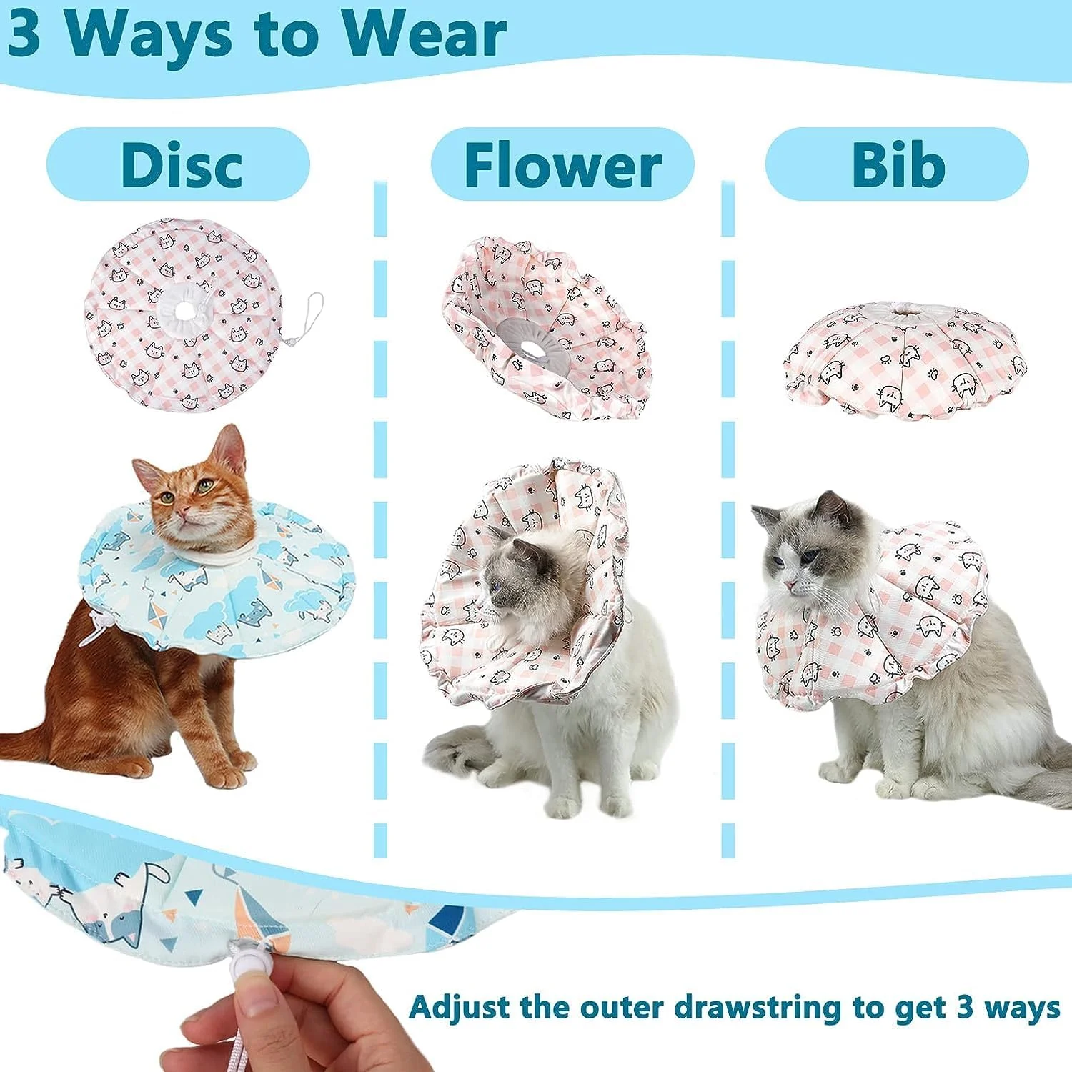 طوق گردنی گربه NALACAL، طوق بازیابی حیوانات خانگی زیبا و قابل تنظیم بعد از جراحی با طراحی بند کشی، نرم و تنفس پذیر، جلوگیری از گاز گرفتن گربه/بچه گربه/ توله سگ (صورتی، کوچک)