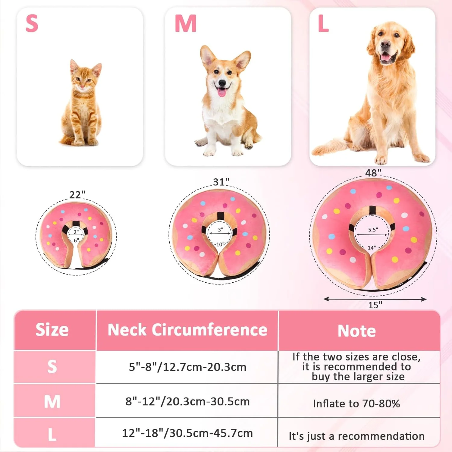 طوق گردنی بادی سگ برای بعد از جراحی، طوق گردنی بادی محافظ سگ، طوق بادی برای سگ ها و گربه ها، طوق گردنی بادی سگ برای جلوگیری از لیسیدن (طرح صورتی S)