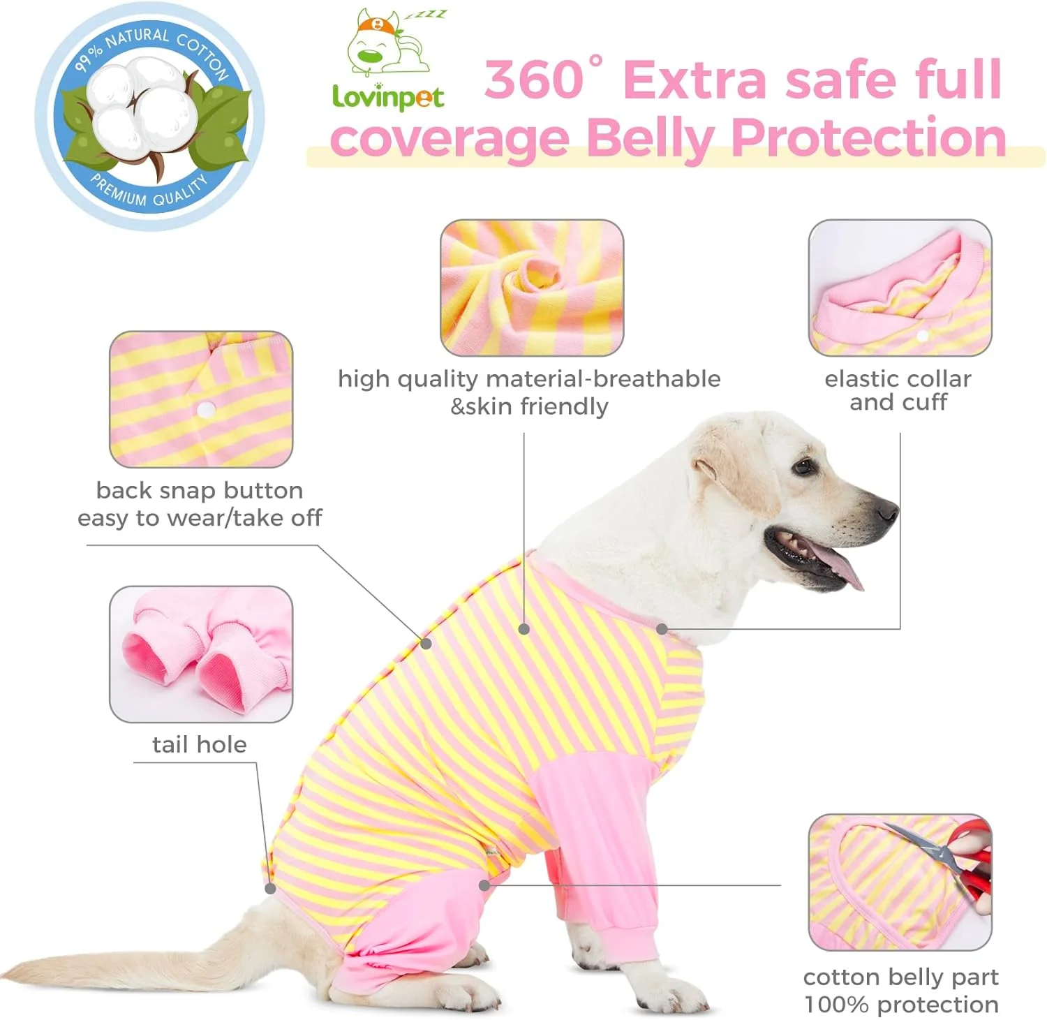 لباس ریکاوری سگ LovinPet - لباس کامل سگ محافظ زخم، پیراهن ریکاوری جراحی برای زخم های شکمی بعد از جراحی، لباس سگ ضد لیسیدن، طراحی برش خورده شکم، دکمه دار، 3XL