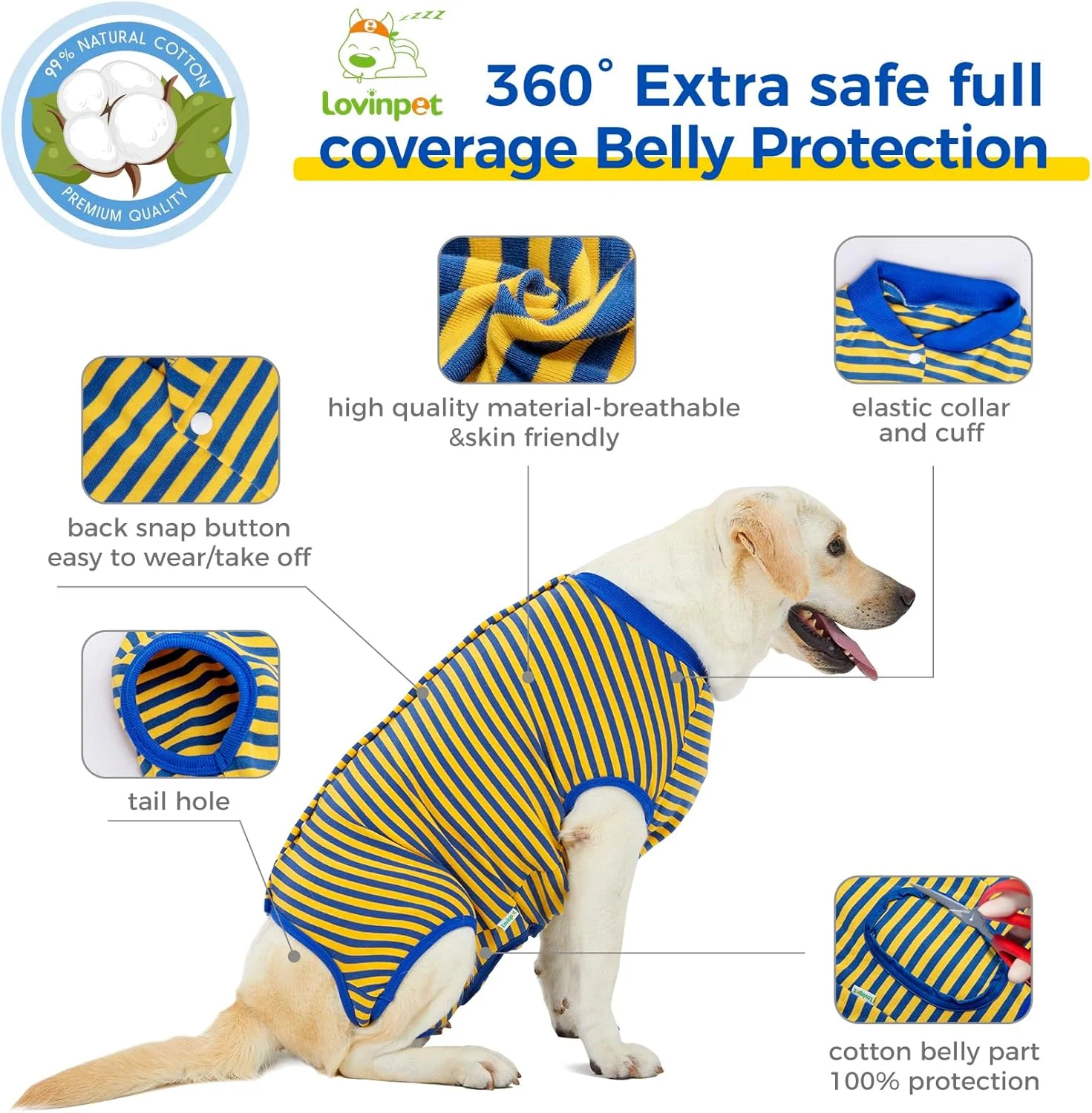 لباس سرهمی پوششی کامل سگ LovinPet - لباس ریکاوری جراحی محافظ زخم، لباس راحت ریکاوری برای زخم های شکمی بعد از جراحی، لباس یکسره ضد لیسیدن سگ، پاهای کوتاه، XL