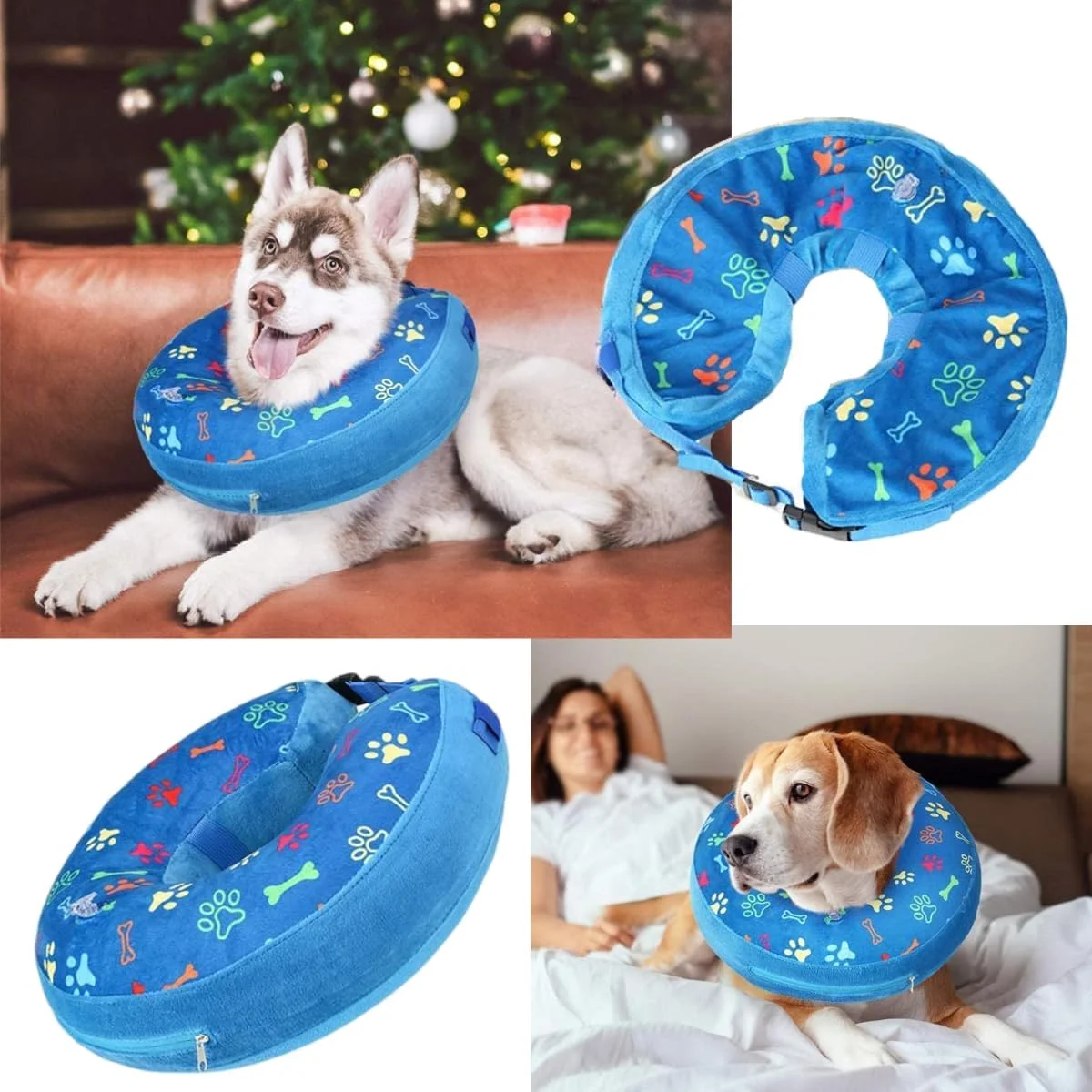 طوق گردنی بادی سگ و گربه LittleBean، طوق محافظتی حیوانات خانگی برای محافظت در برابر لیسیدن برای بهبودی پس از جراحی یا زخم (پنجه های آبی، دور گردن: 34 تا 39 سانتیمتر، سایز بزرگ)