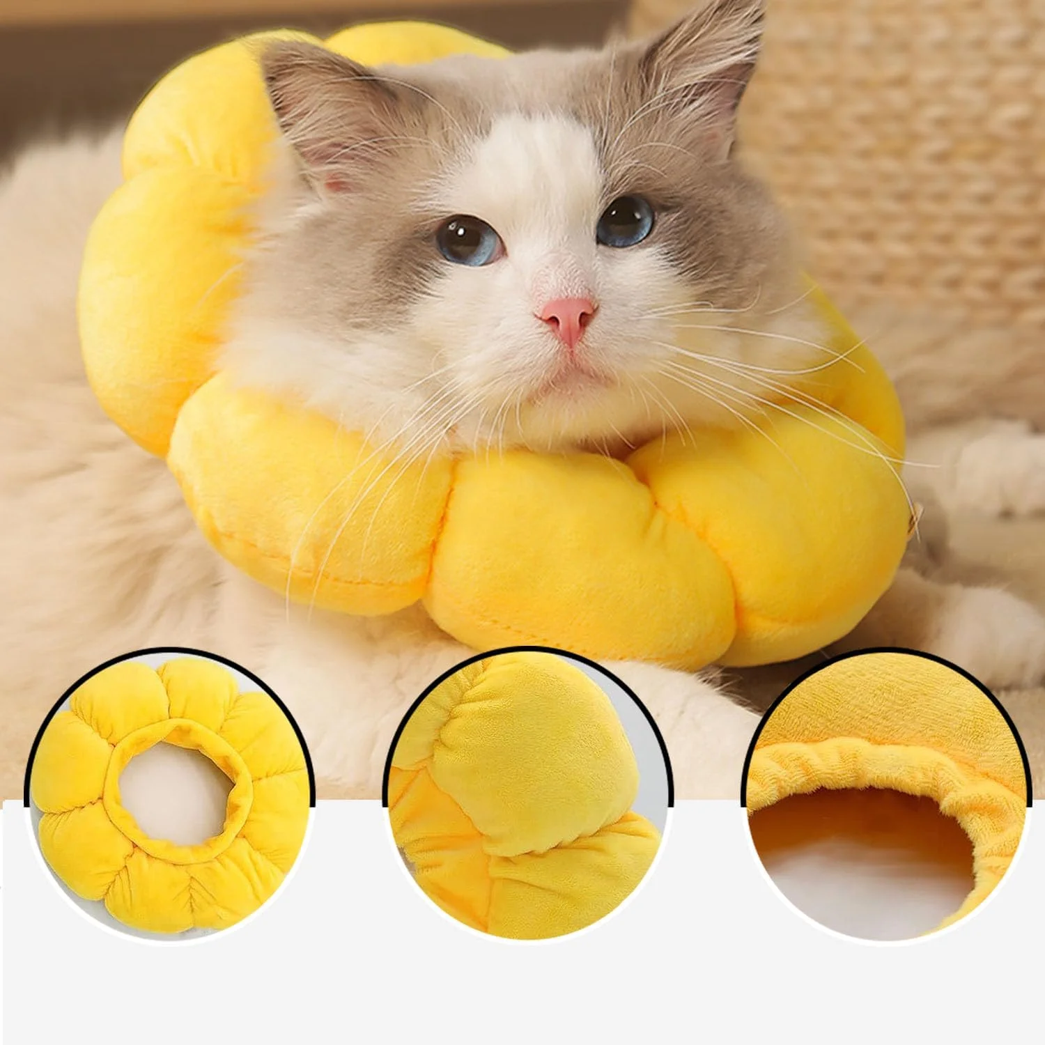 یقه محافظ گربه طرح آفتابگردان، یقه محافظ قابل تنظیم برای گربه ها، سگ های کوچک، بهبود زخم بعد از جراحی حیوانات خانگی (L)