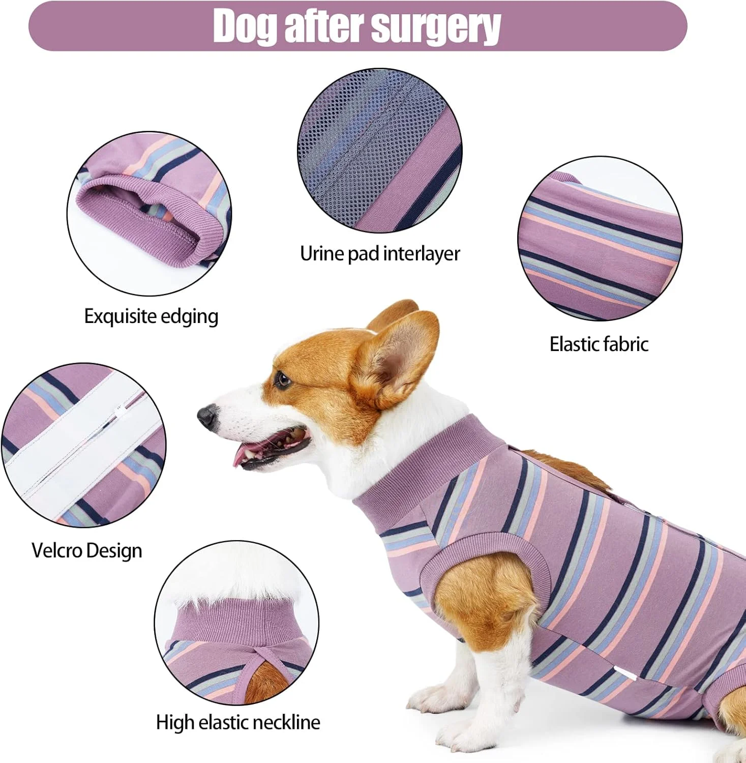 لباس نقاهت سگ Jodsen، لباس جراحی راه راه بنفش برای سگ ها و لباس خواب سگ جایگزین قلاده ضد لیسیدن برای توله سگ های کوچک و متوسط (M)