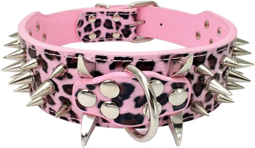 قلاده سگ Izefia، قلاده چرمی لوکس و ضخیم با میخ های تیز برای سگ های بزرگ و متوسط - عرض 5 سانتی متر، گردنبند ضد گاز گرفتن (L، پلنگی صورتی-SV)