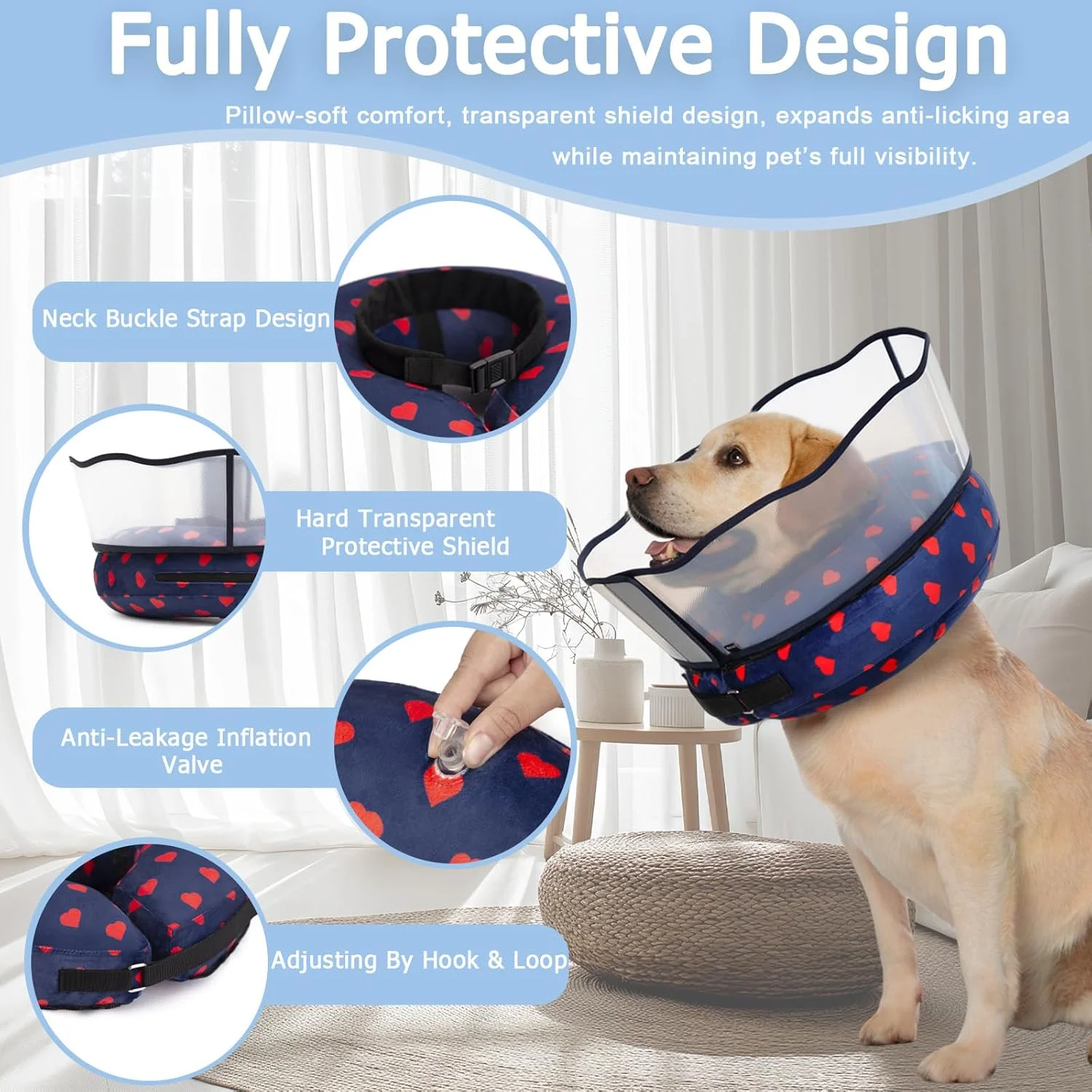 طوق بادی سگ با محافظ ضد لیس پیشرفته - طوق گردنی نرم و قابل تنظیم برای سگ ها و گربه ها بعد از جراحی - مناسب برای حیوانات خانگی بزرگ، متوسط و کوچک (آبی طرح عشق، متوسط)