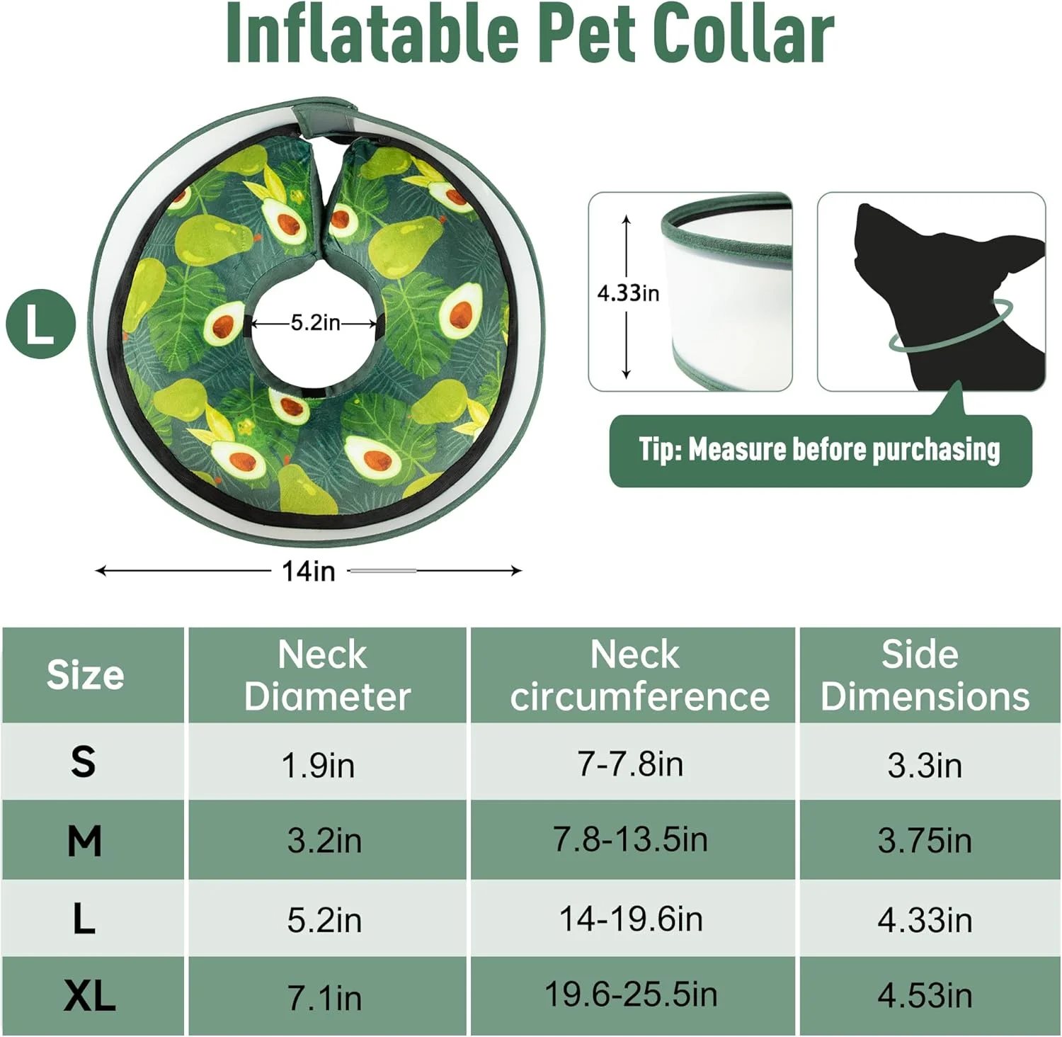 طوق بادی سگ، طوق نرم سگ بعد از جراحی به عنوان جایگزین با محافظ ضد لیسیدن تقویت شده، قابل تنظیم و جداشدنی، طوق الیزابتی (S، آووکادو)