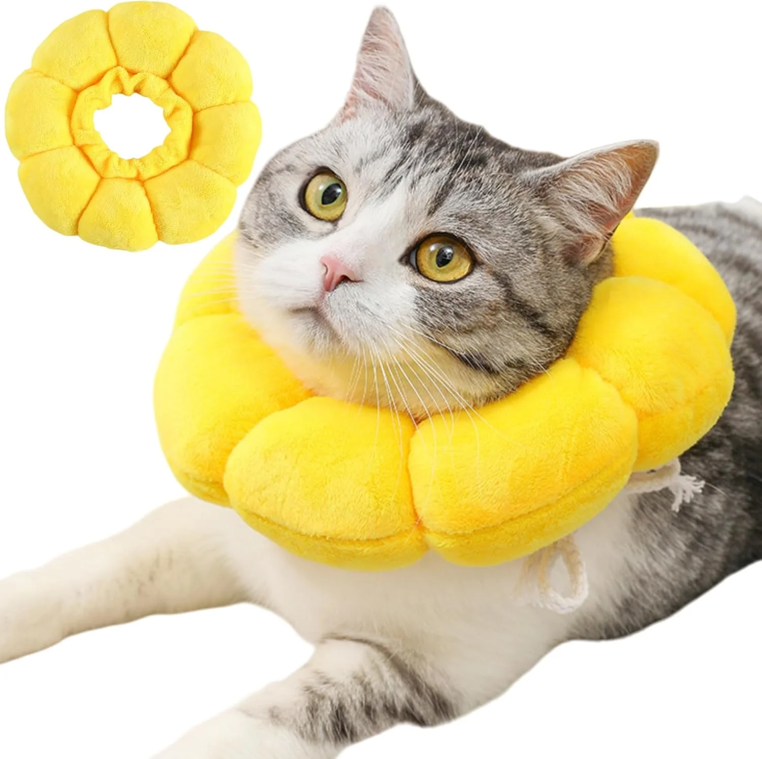 طوق گردنی التیام گربه، طوق الیزابتی قابل تنظیم برای گربه ها و سگ های کوچک، طرح آفتابگردان، تنفس پذیر و ایمن برای التیام بعد از جراحی، جلوگیری از لیسیدن و گاز گرفتن، تا وزن 8 کیلوگرم (زرد، M)