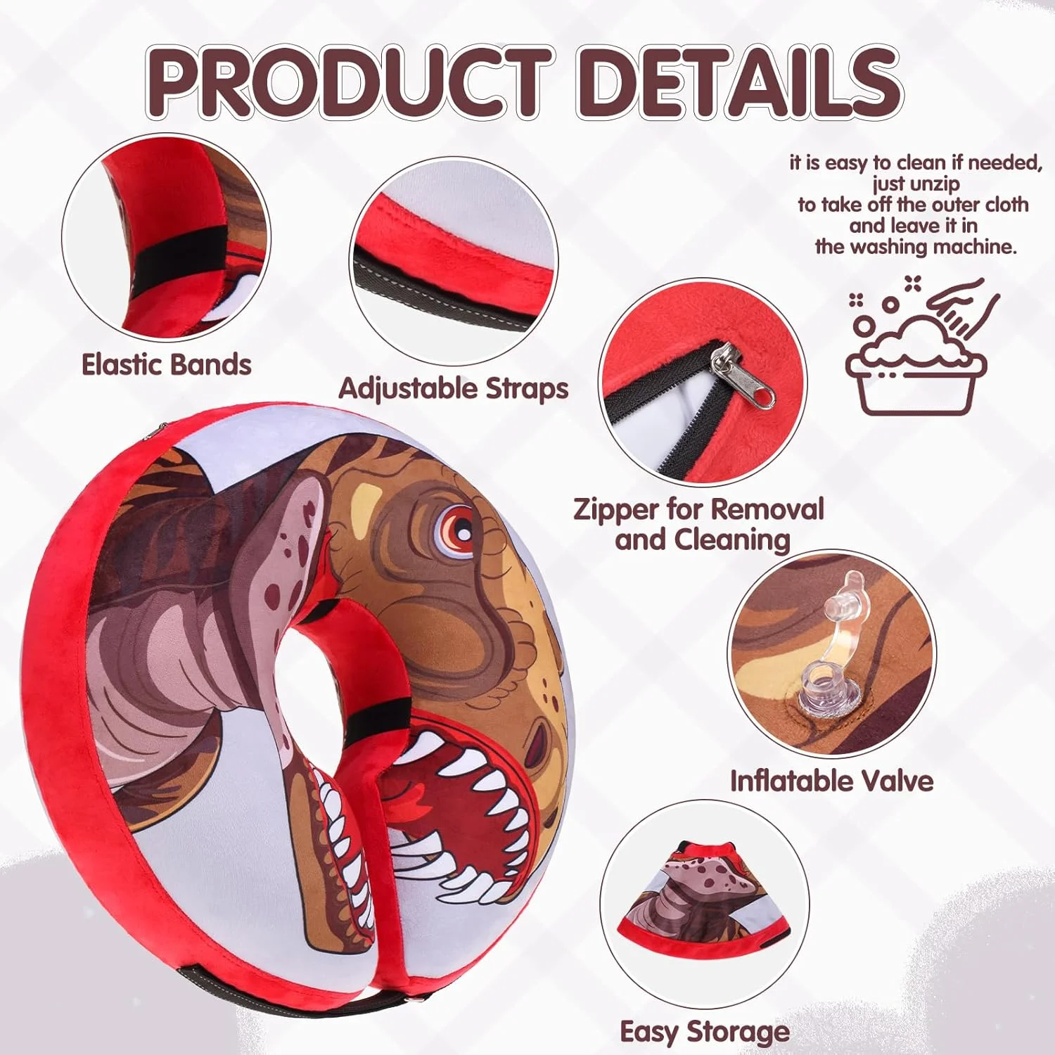 طوق گردنی بادی نرم و پهن سگ EXPAWLORER - جایگزین طوق الیزابت بادی برای جلوگیری از لیسیدن زخم، طوق محافظتی قابل تنظیم (طرح دایناسور)