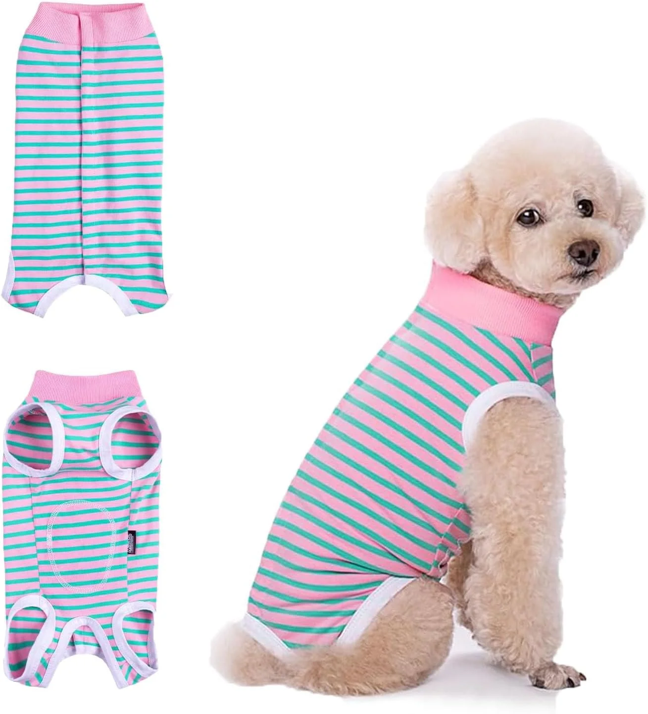 لباس سگ برای دوران نقاهت، لباس ضد لیسیدن بعد از جراحی، لباس جراحی راه راه سگ، لباس بدن قابل تنظیم سگ بعد از جراحی، برای سگ های نر/ماده (راه راه صورتی و سبز سایز M)