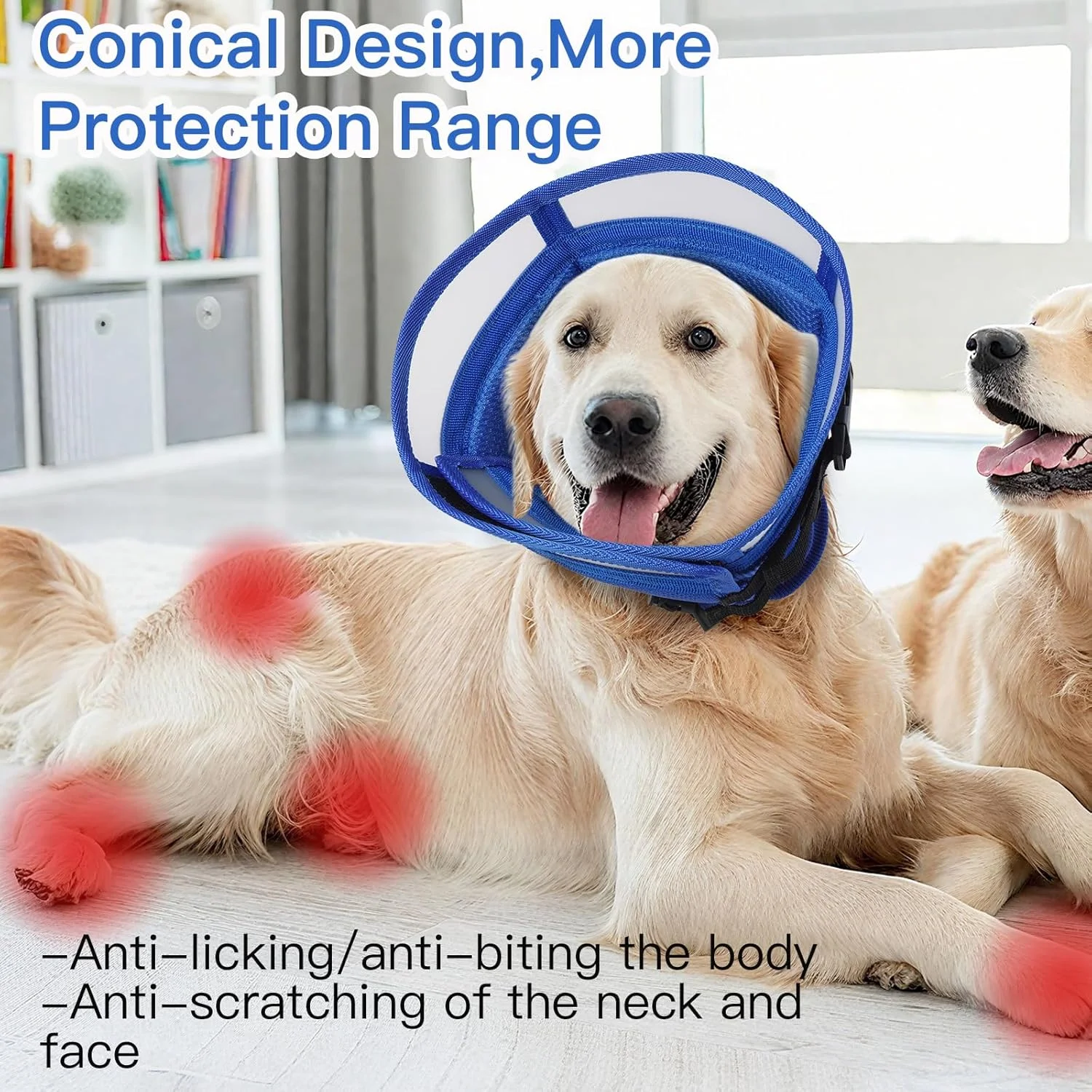 مخروطی راحت برای سگ های بزرگ برای جلوگیری از لیسیدن - طوق الیزابتی قابل تنظیم برای بهبودی پس از جراحی، محافظت از زخم، سبک وزن و تنفس پذیر برای جلوگیری از گاز گرفتن (آبی، XL)