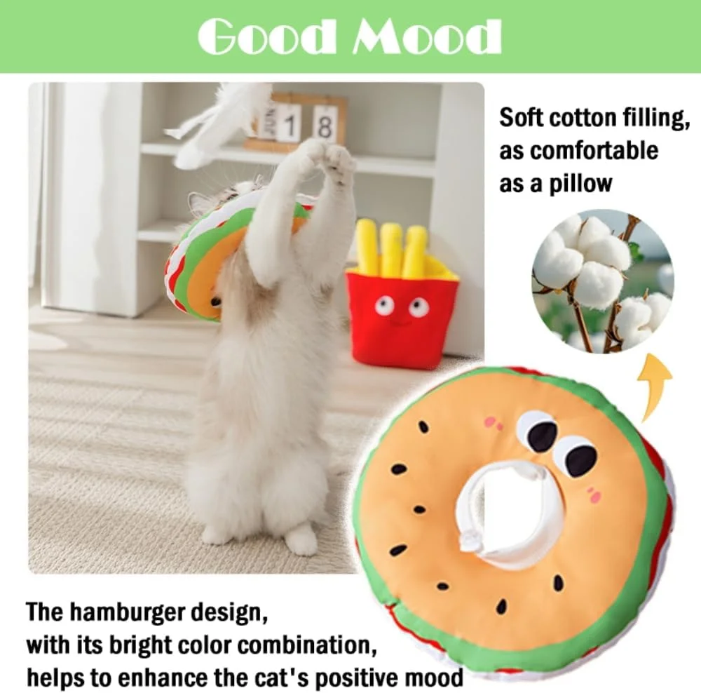 طوق گردنی نرم گربه، طوق ریکاوری گربه برای التیام زخم، طرح همبرگر، قابل تنظیم، سبک وزن، طوق الیزابت برای بچه گربه، سگ و حیوانات خانگی بعد از جراحی