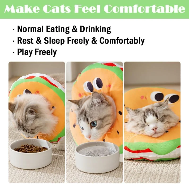 طوق گردنی نرم گربه، طوق ریکاوری گربه برای التیام زخم، طرح همبرگر، قابل تنظیم، سبک وزن، طوق الیزابت برای بچه گربه، سگ و حیوانات خانگی بعد از جراحی