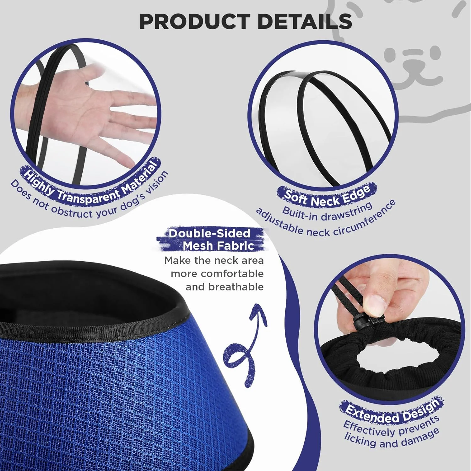 طوق محافظ سگ، طوق های نرم و شفاف جایگزین برای سگ های کوچک، بزرگ و متوسط، طوق های ریکاوری حیوانات خانگی با عمق قابل تنظیم، طوق الیزابتی برای جلوگیری از لیسیدن زخم (آبی-L)