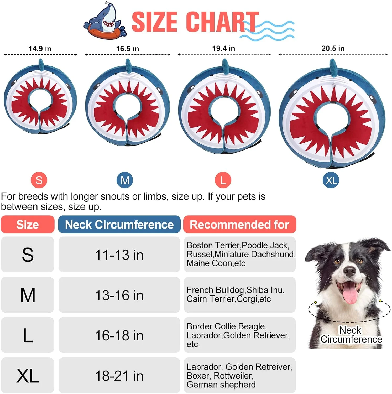 طوق گردنی بادی سگ و گربه BEAUTYZOO، جایگزین مناسب بعد از جراحی، طوق نرم و راحت برای جلوگیری از لیسیدن زخم، طرح کوسه آبی، سایز کوچک، متوسط و بزرگ